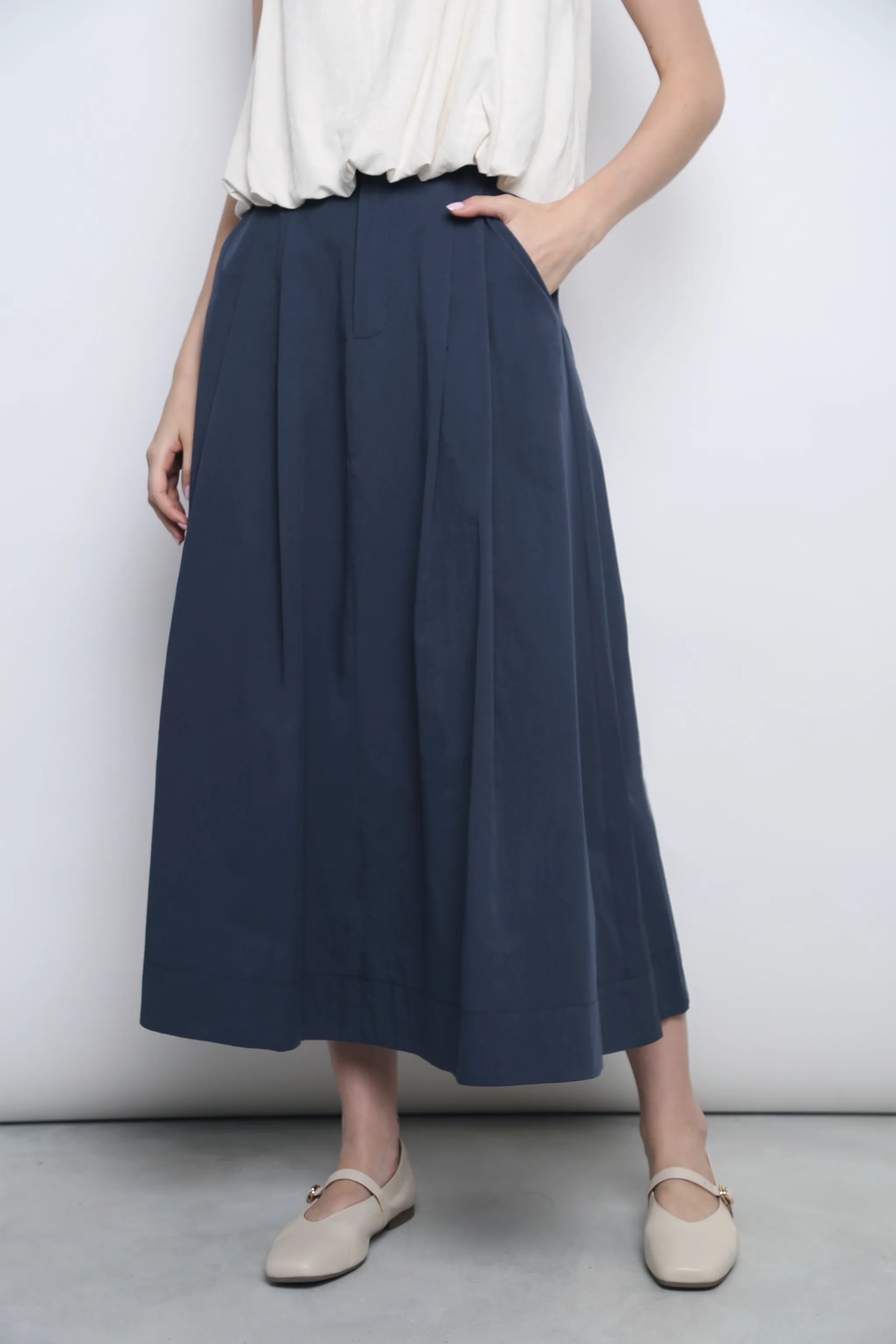 Seattle Pleated Cotton Maxi Skirt Navy Neutral palette Breezy Style