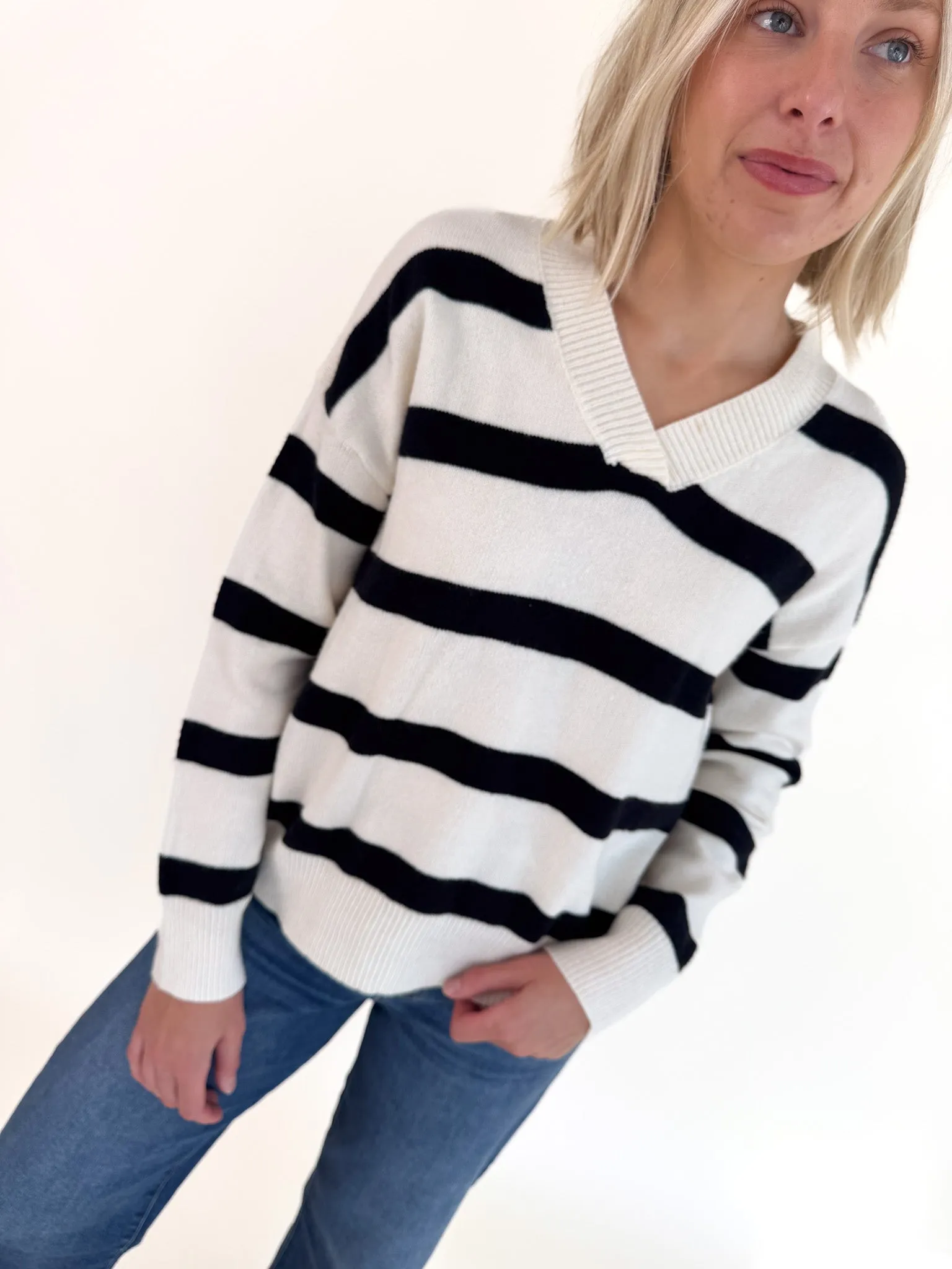 It's Essential V-Neck Stripe Sweater Essential Warmth