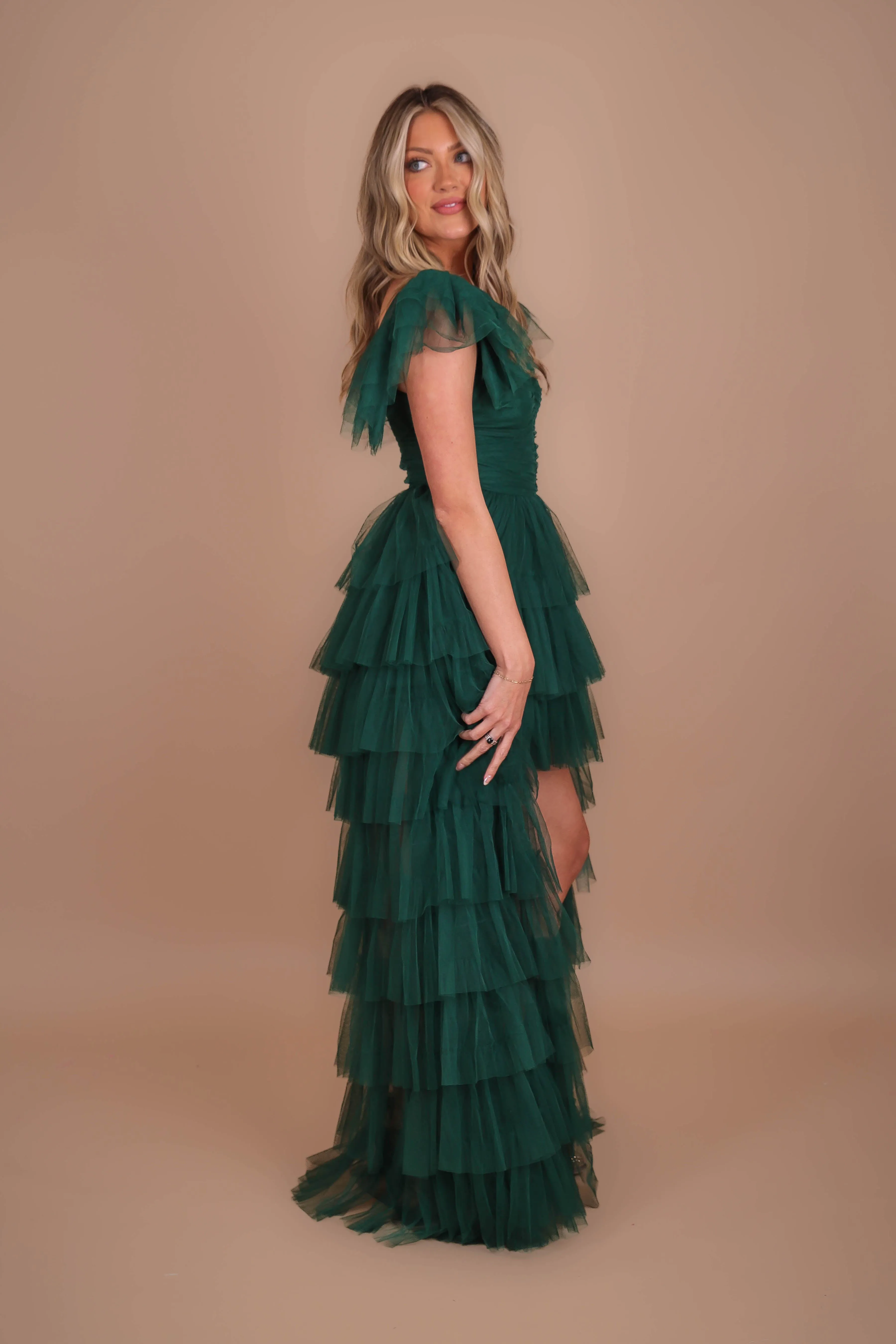 Sharp Motion Evening Look RESTOCK: On Cloud 9 Tulle Maxi Dress-Hunter Green
