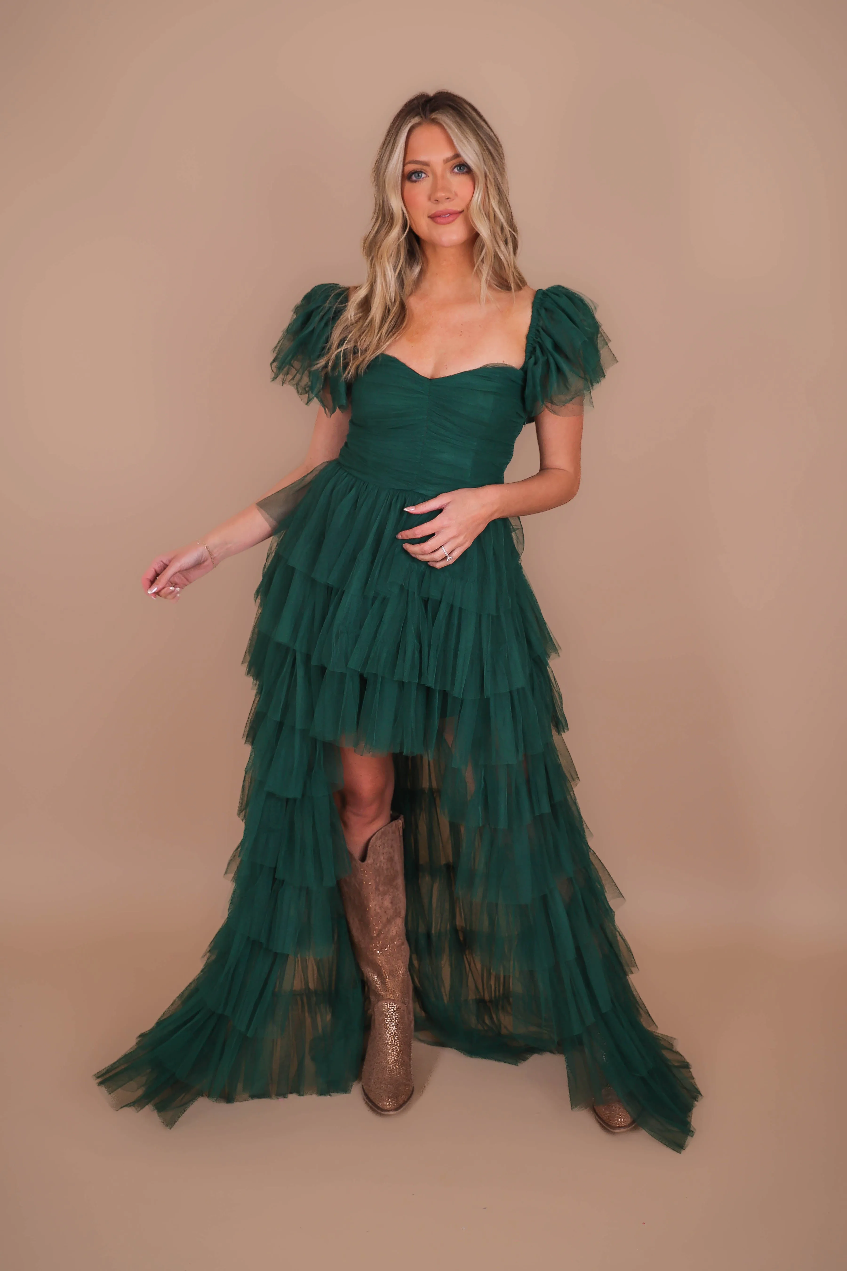 Calm Lines Puff-Sleeve RESTOCK: On Cloud 9 Tulle Maxi Dress-Hunter Green