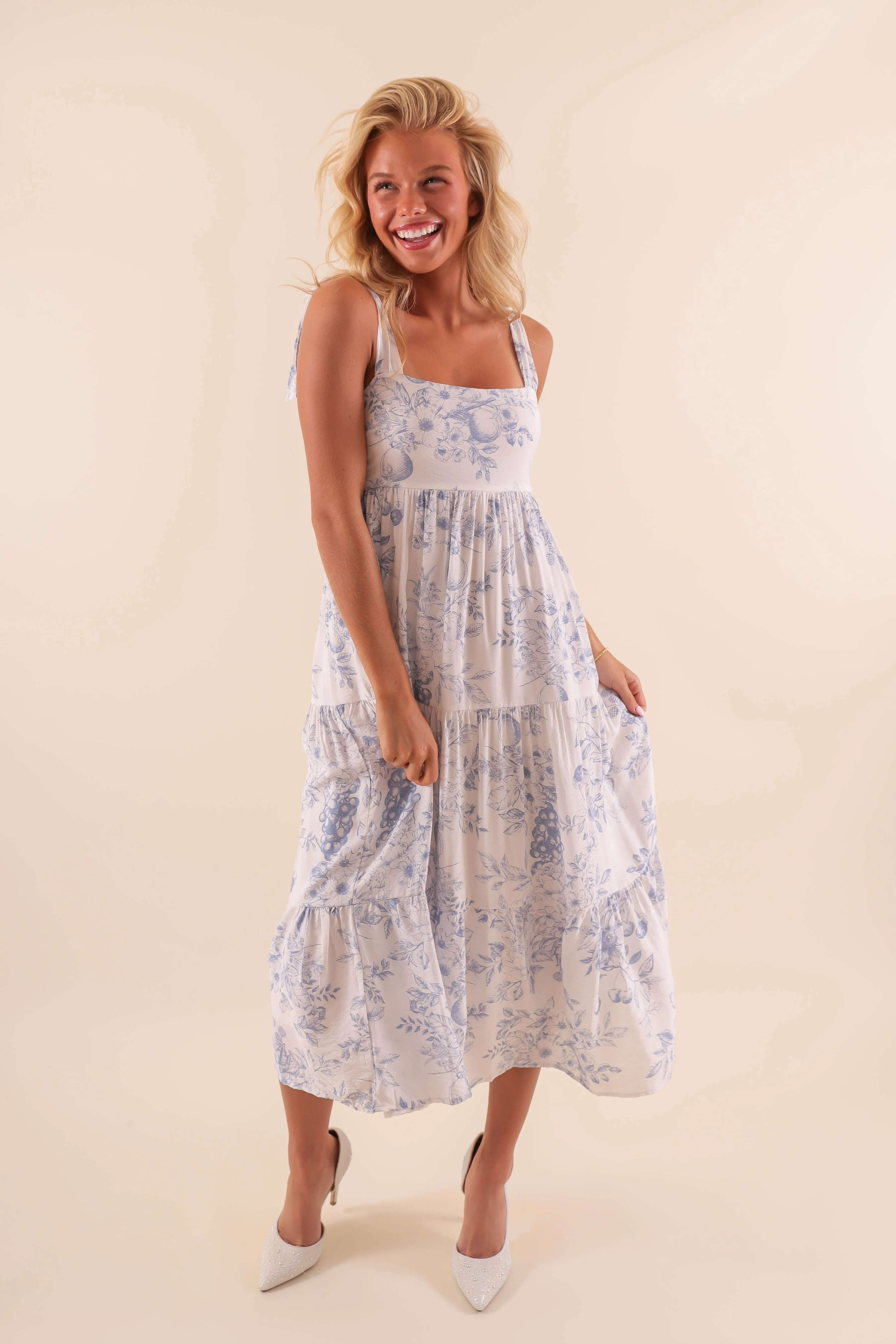 RESTOCK: Waiting At the Cottage Midi Dress-Blue Casual weekend dress Shirred-Detail