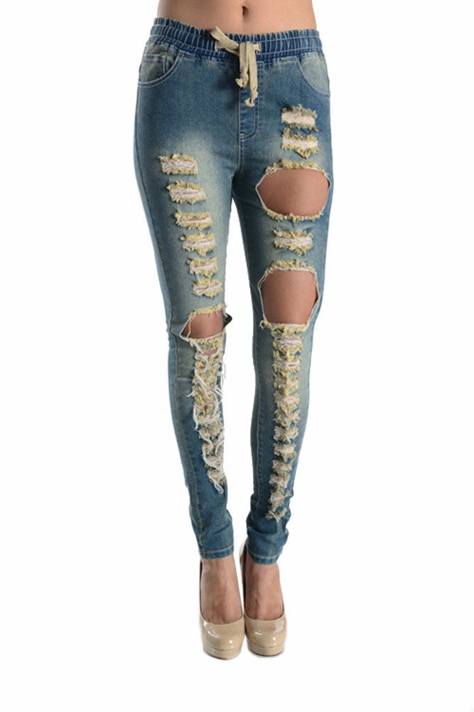 Ripped Drawstring Skinny Jeans TouchscreenCompatiblePockets