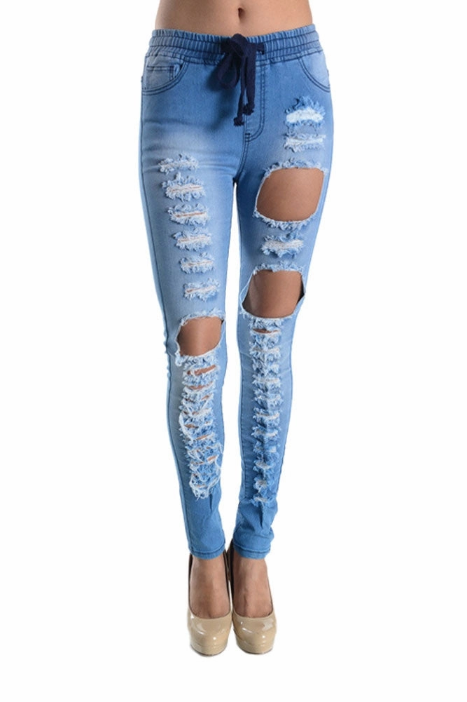 Functional Waist Ripped Drawstring Skinny Jeans