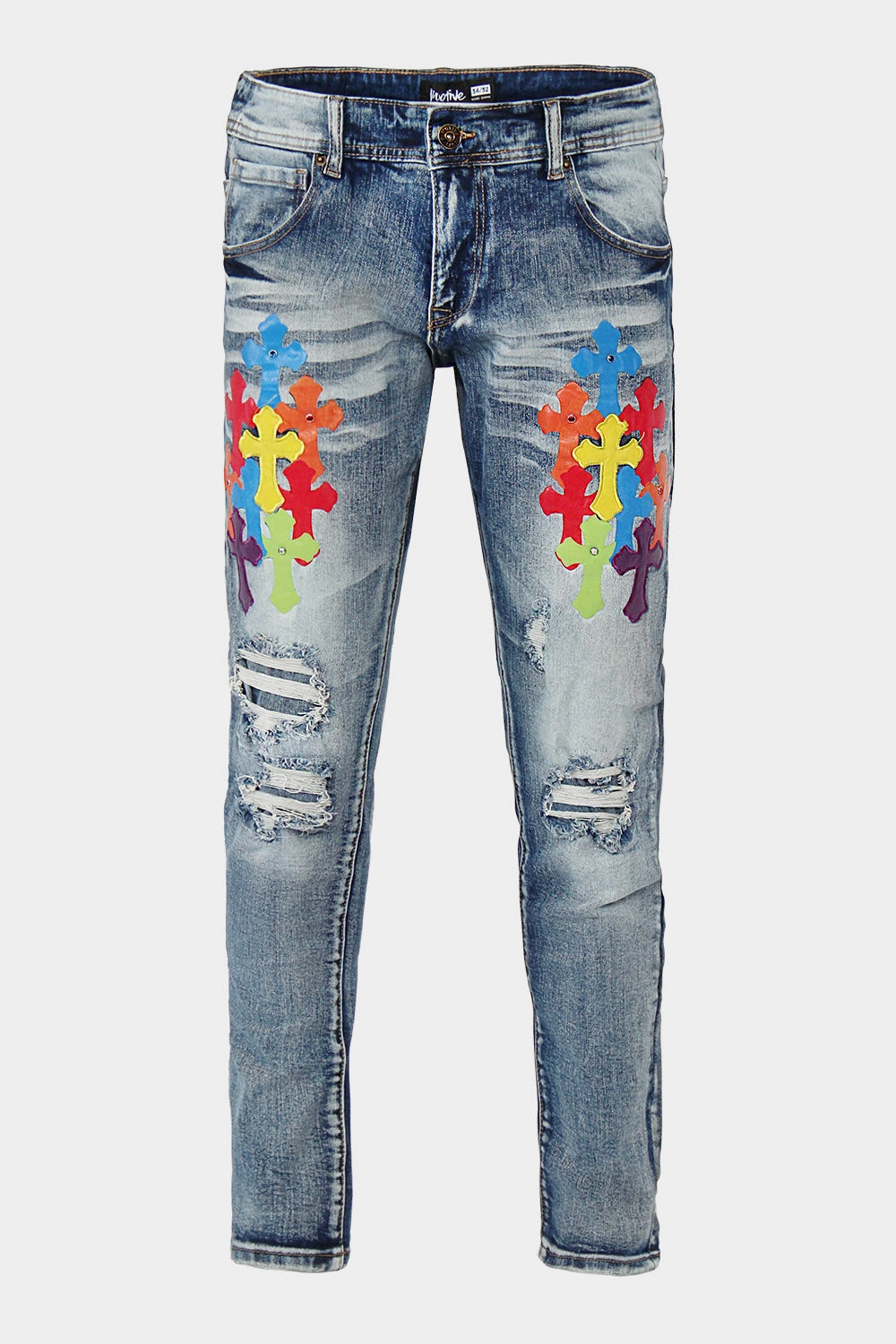 Ripped Jeweled Pu Cross Denim Jeans Quick Layer