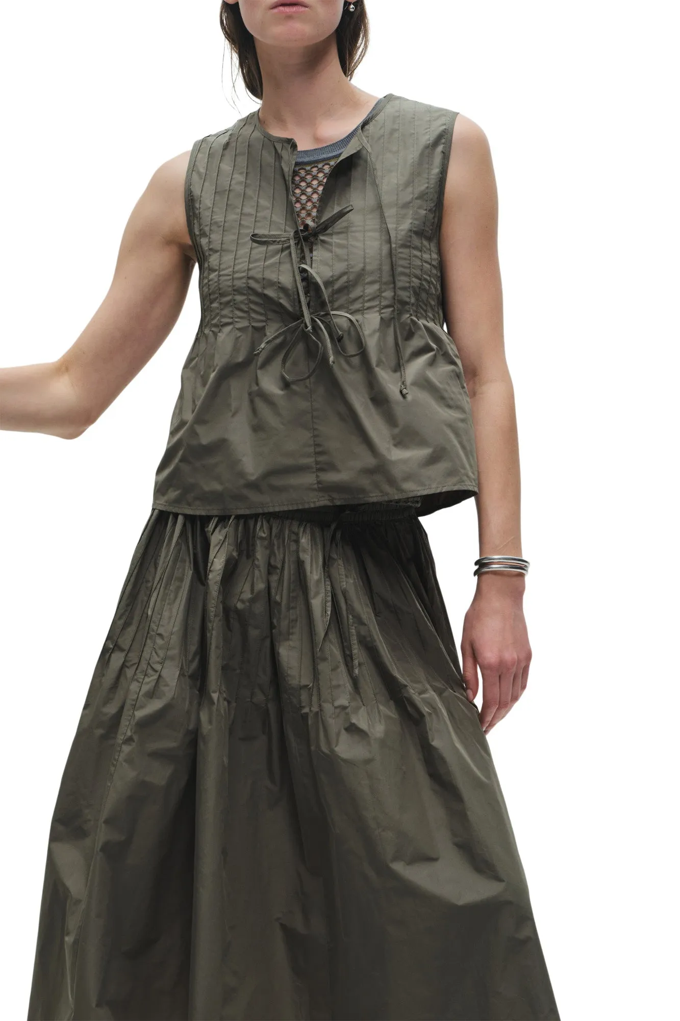 Saint Art Nina Front Tie Top in Olive Supportive Waistband Decorative stitching