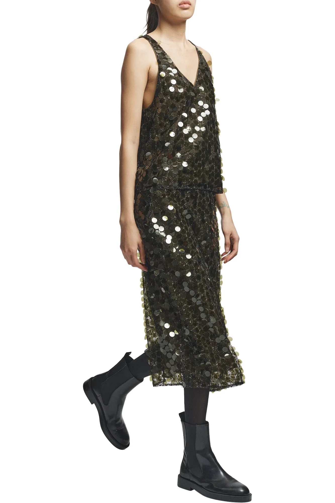 Comfy Flex Saint Art Zyon Mesh Sequin Skirt in Olive