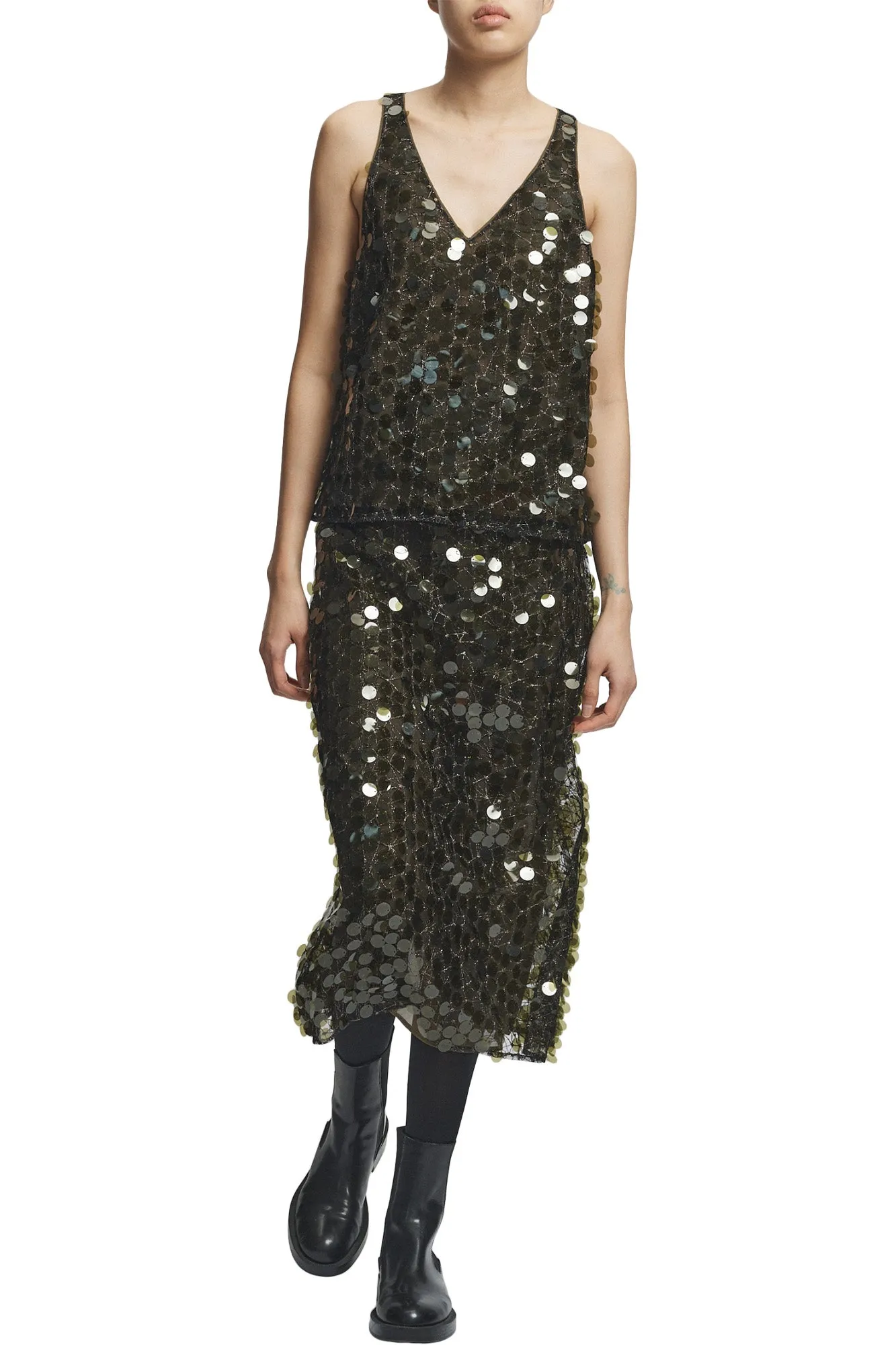 Odor Resistant Functional Layers Saint Art Zyon Mesh Sequin Skirt in Olive