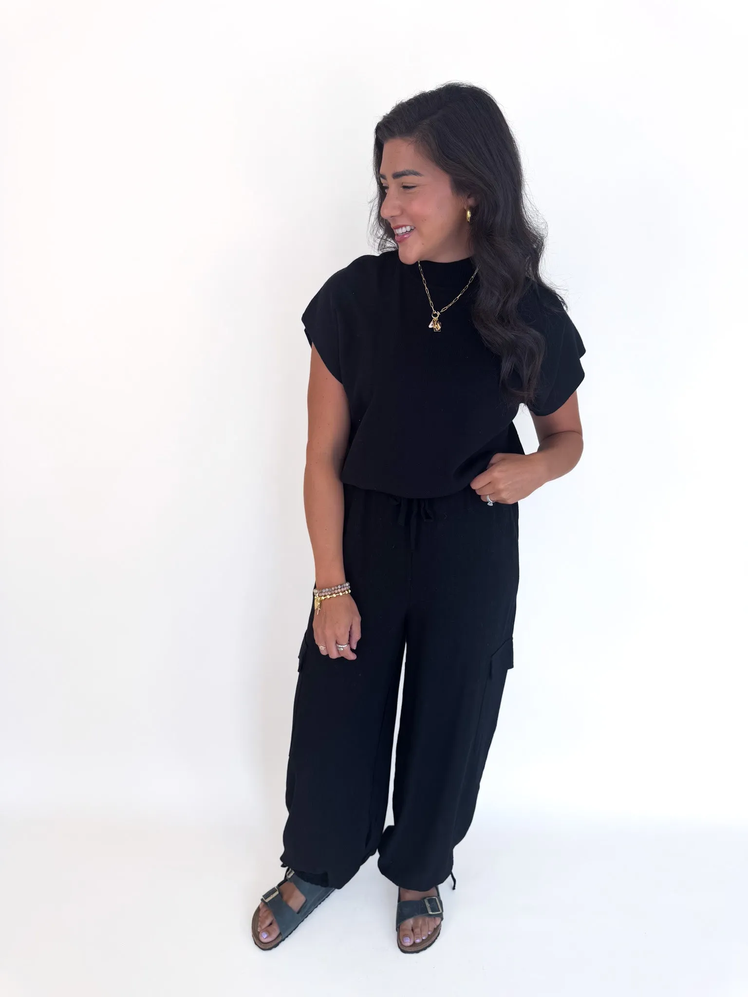 Cable Stitch Sally Short Sleeve Sweater- Black