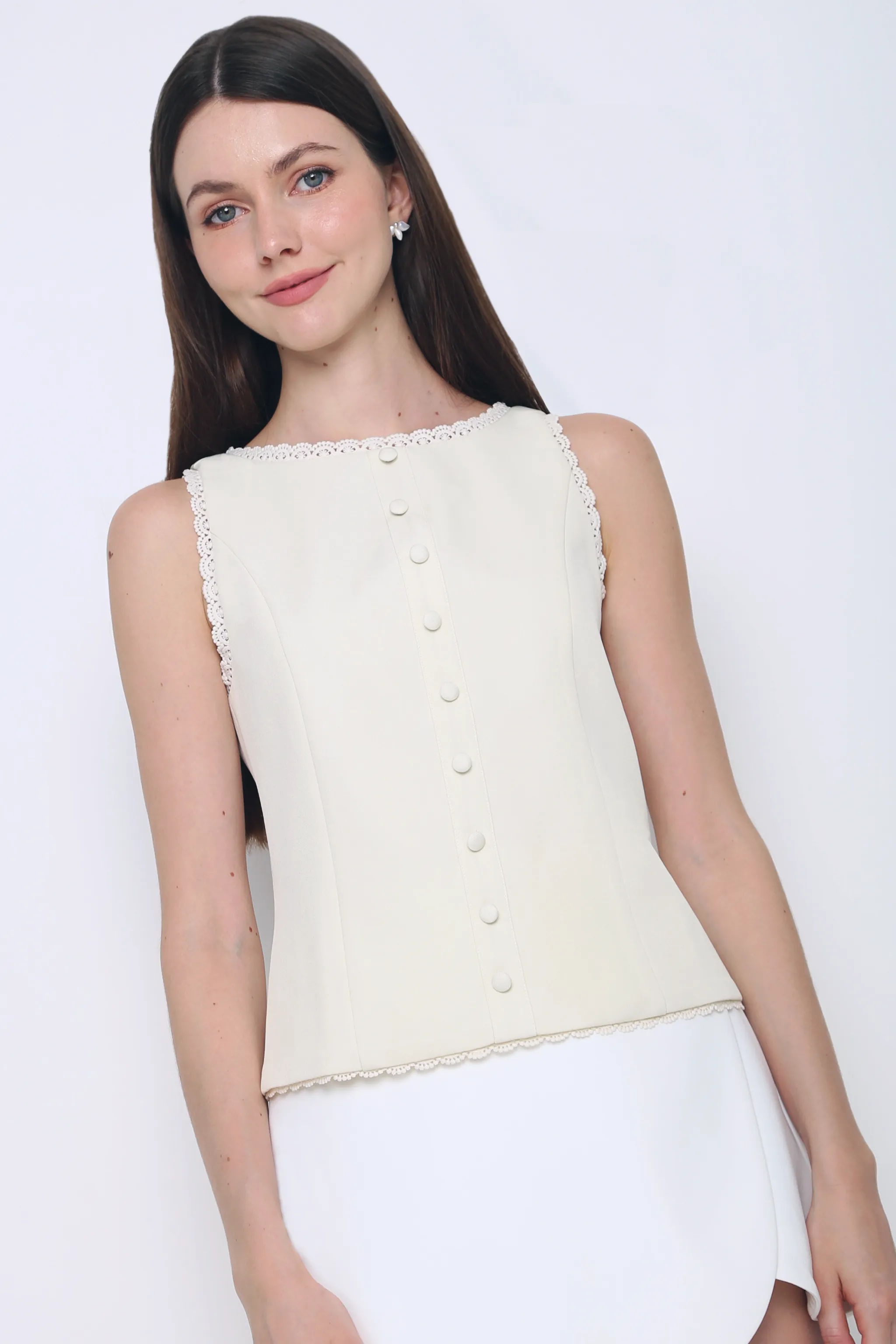 Saylor Lace Trim Tailored Top Beige WrinkleResistant Fabric