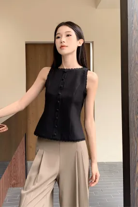 RelaxedFit Textured Weave Pattern Saylor Lace Trim Tailored Top Black