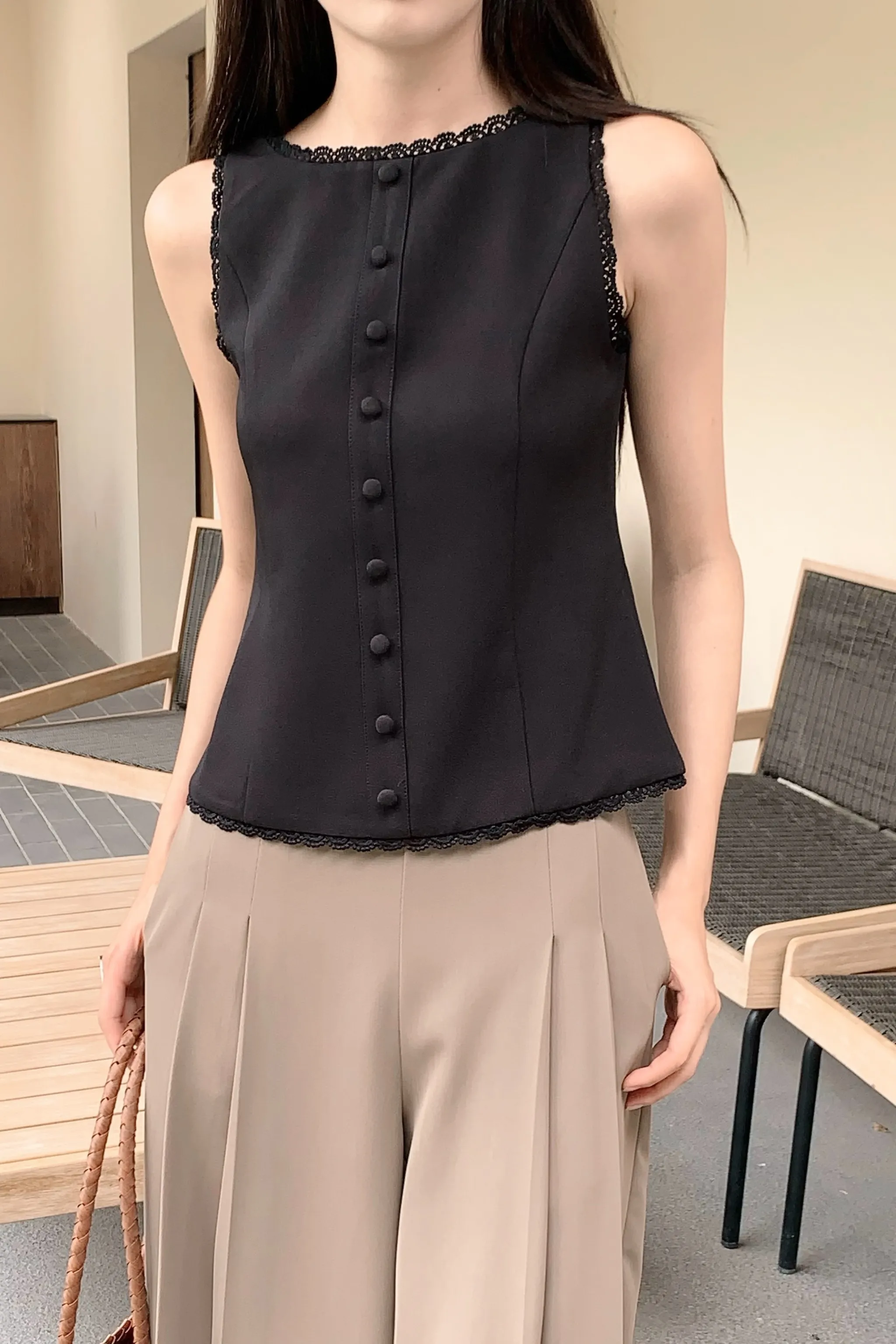 Saylor Lace Trim Tailored Top Black PortableOption Ribbed Hemline