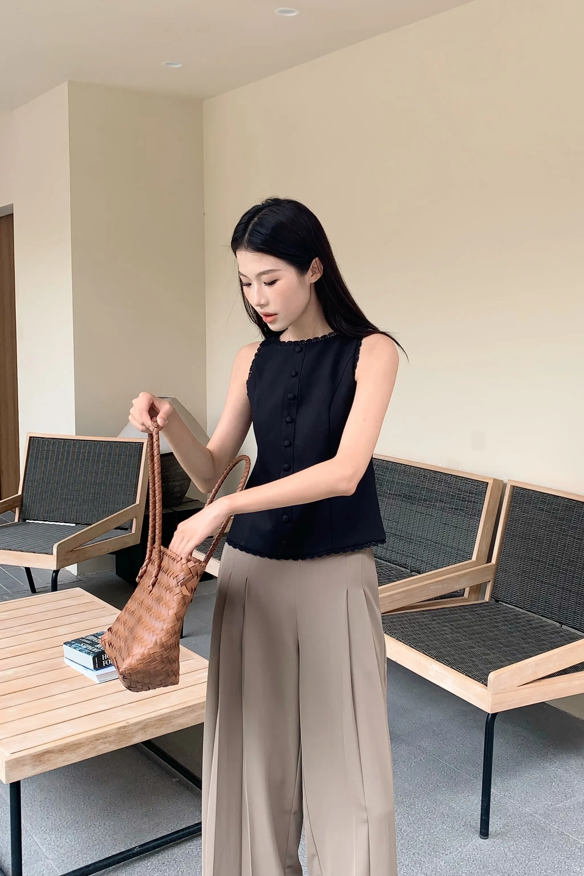 Saylor Lace Trim Tailored Top Black OversizedFit