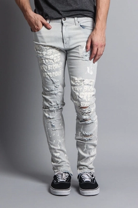 Slim Look Breathable Design Scribbled Bleach Washed Jeans