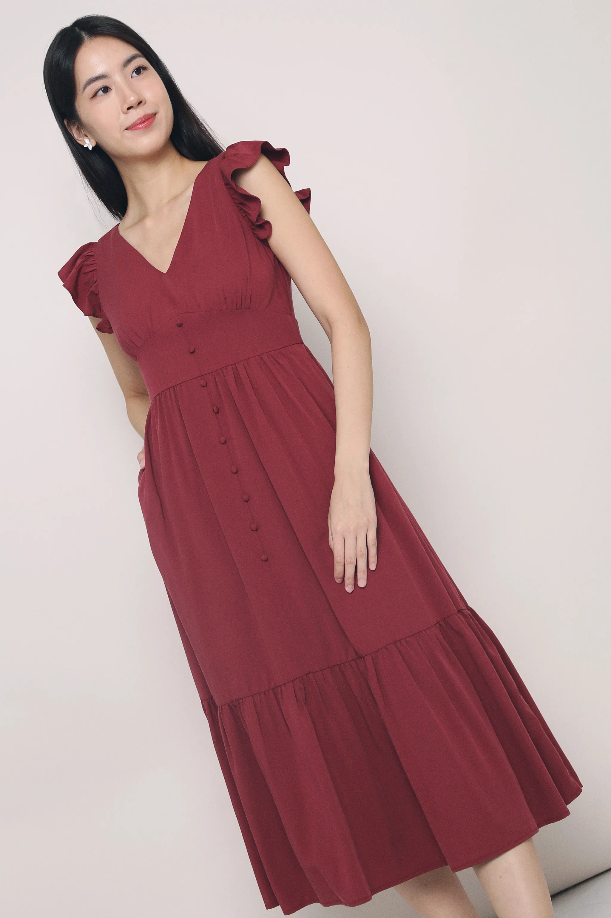 Airy Fabric Cher Flutters Midaxi Dress Wine