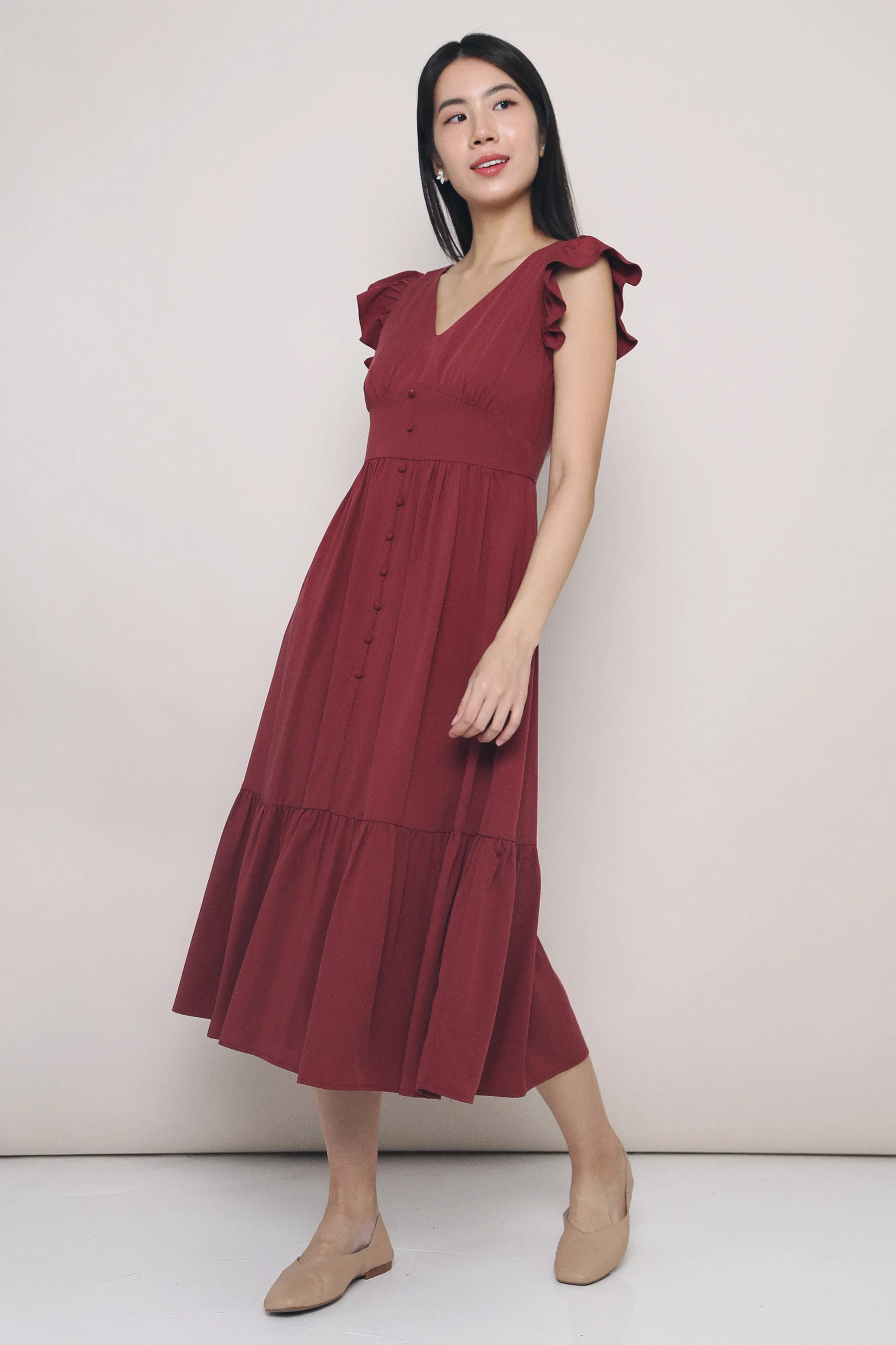 Cher Flutters Midaxi Dress Wine Cool Simplicity