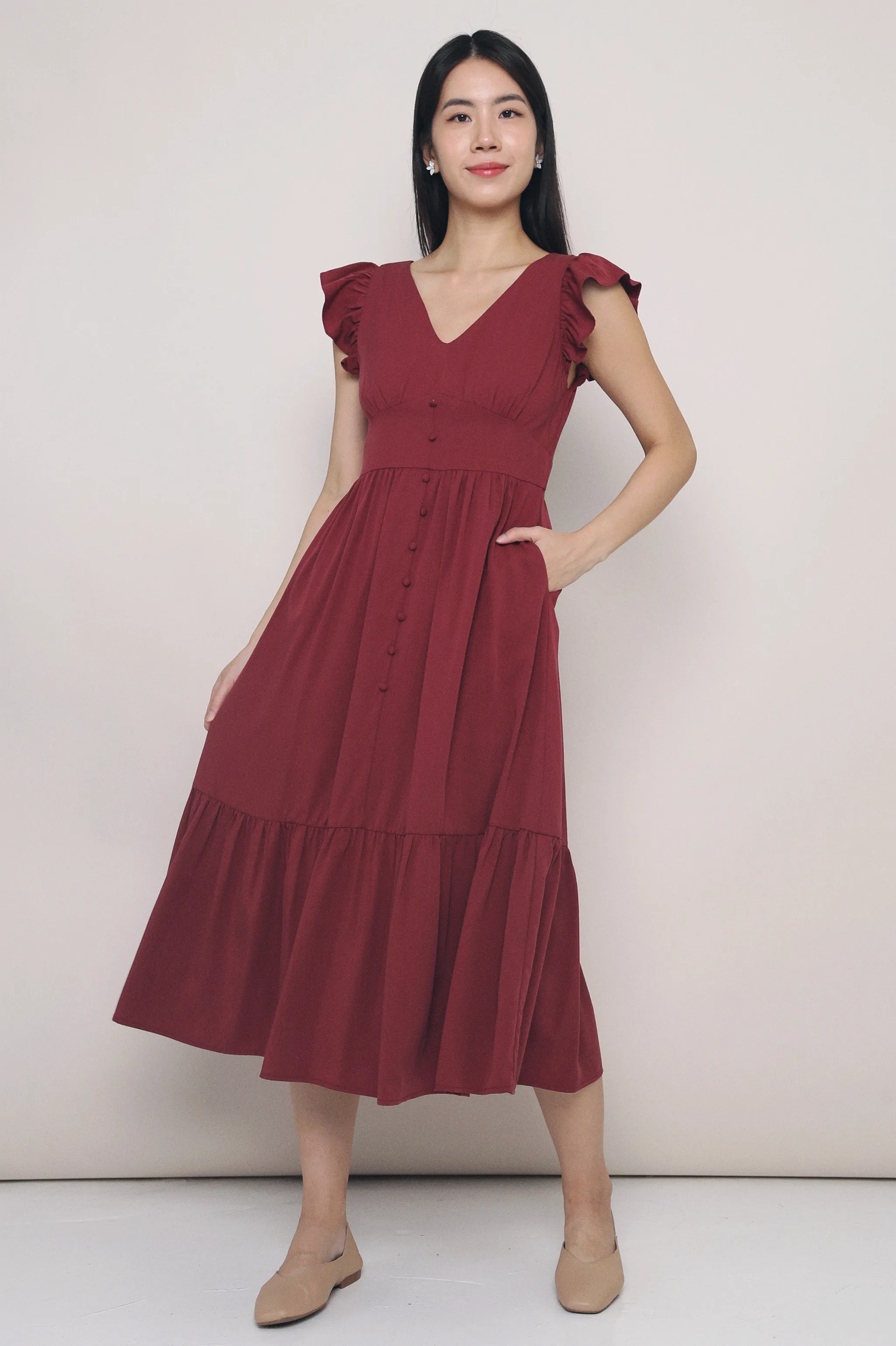 Cher Flutters Midaxi Dress Wine Subtle Charm