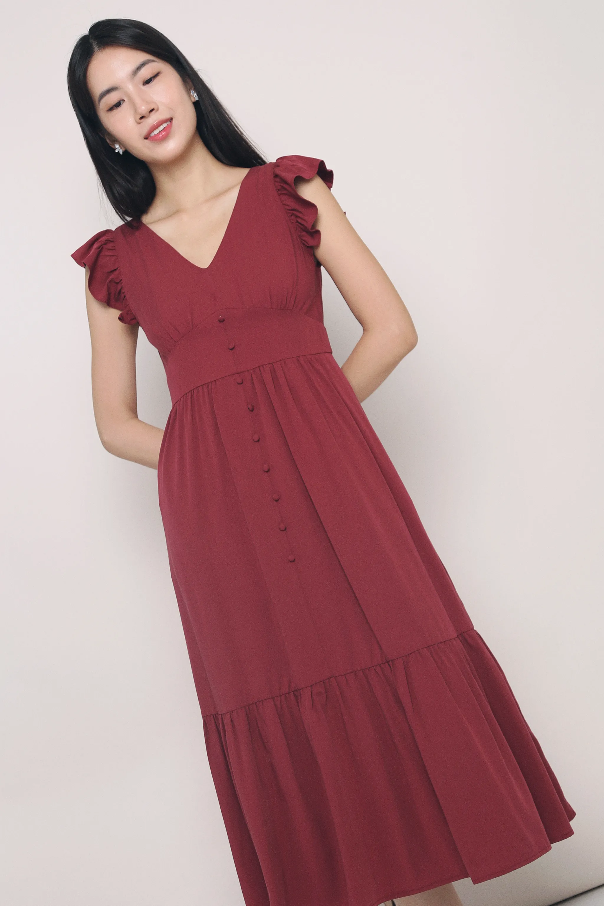 Cher Flutters Midaxi Dress Wine Smart Texture
