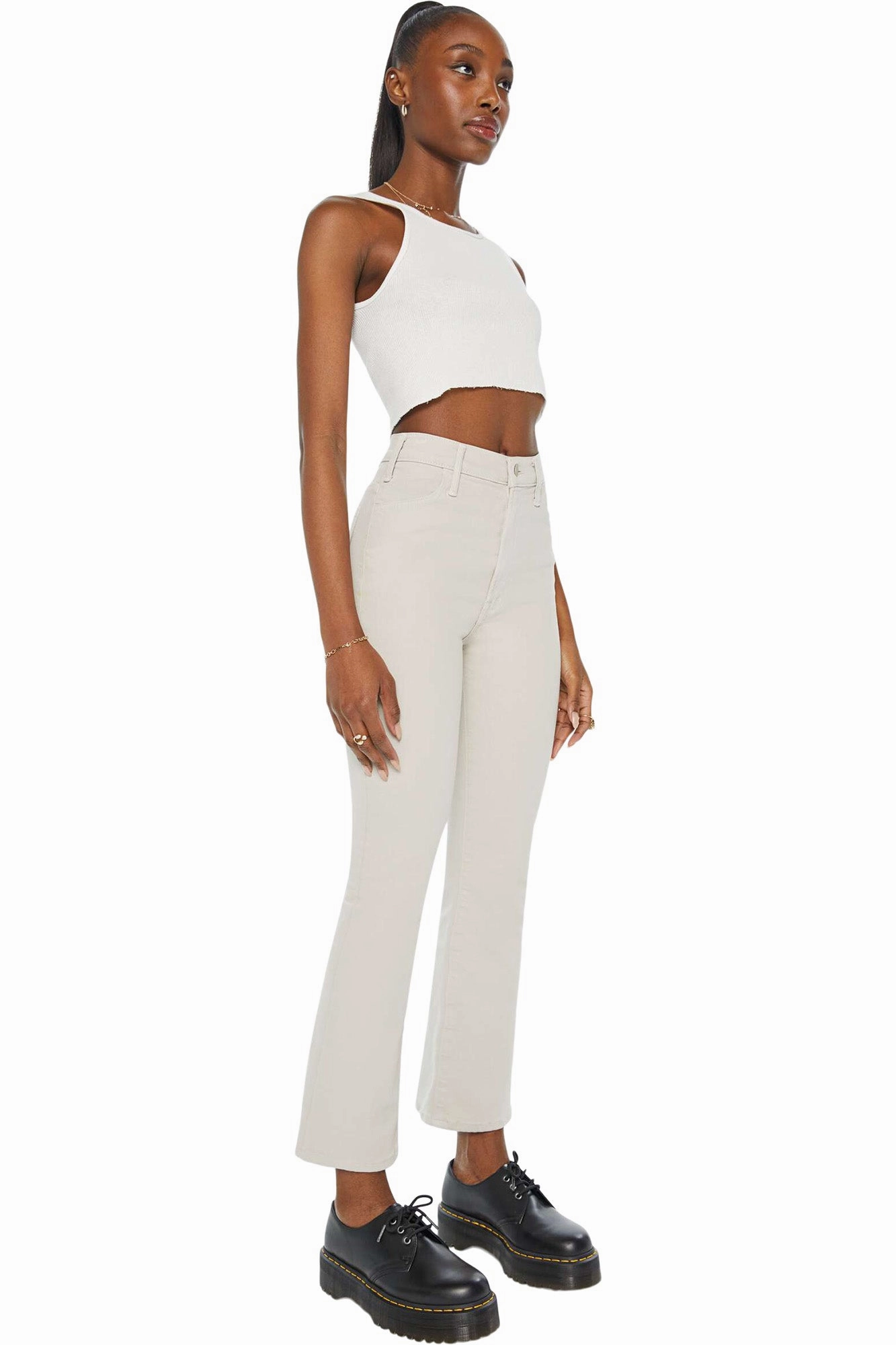 MOTHER Denim Hustler Flood in Feather Grey Chic Wear Brushed Interior