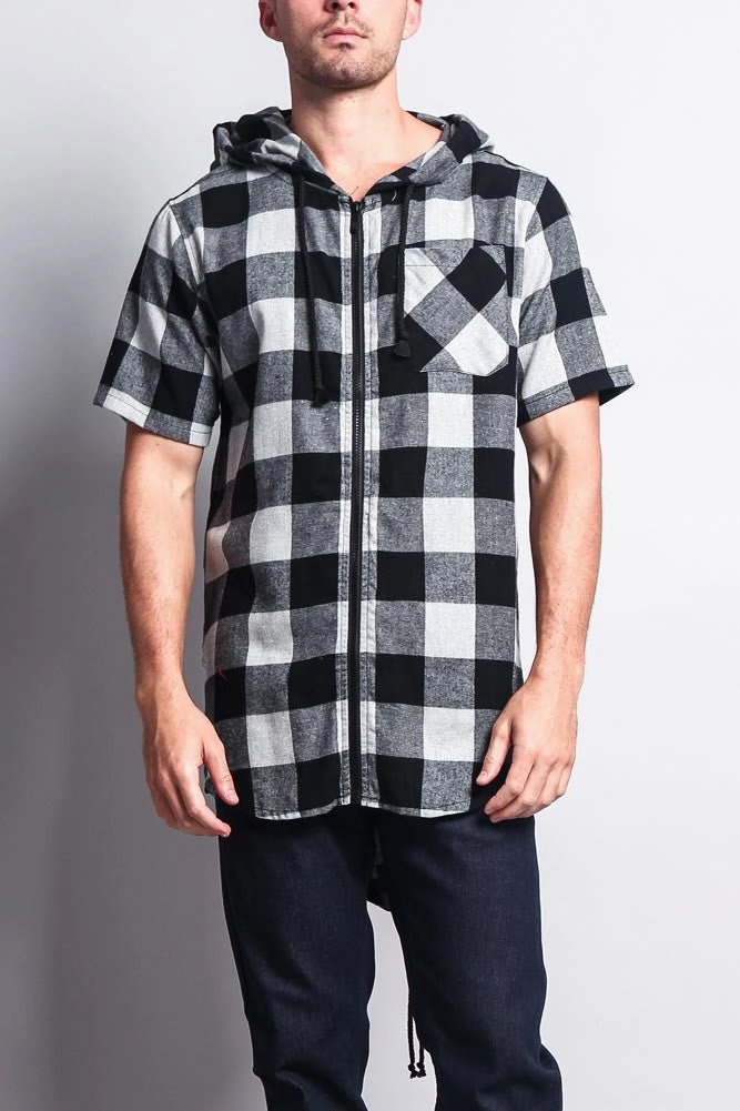 Buffalo Plaid Zip Up Short Sleeve Fishtail Hoodie All weather