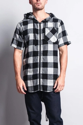 Bonded Collars Buffalo Plaid Zip Up Short Sleeve Fishtail Hoodie