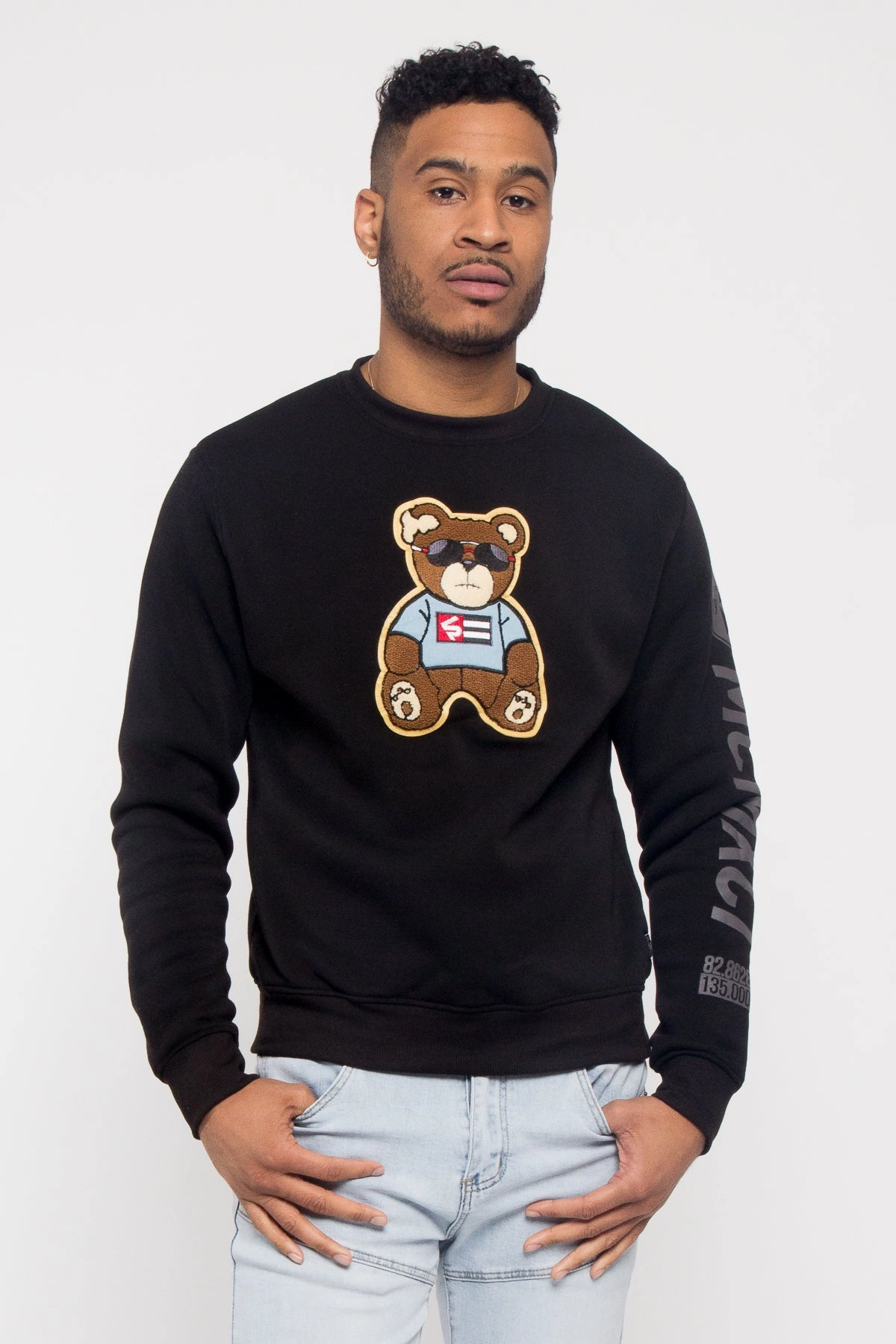 Chenille Bear Patch Fleece Crewneck Zippered Pockets BondedSeams