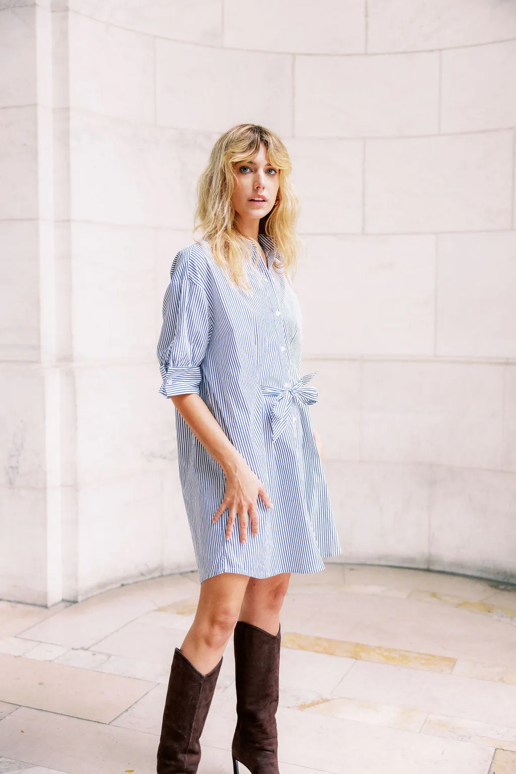 Pocket-Detail Polished Form MASON'S DAUGHTER | Anna Dress, Black and White Striped Poplin