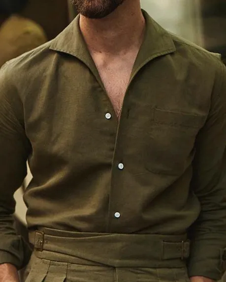 Ventilated Back Summer Olive Linen Shirt with one piece collar placket
