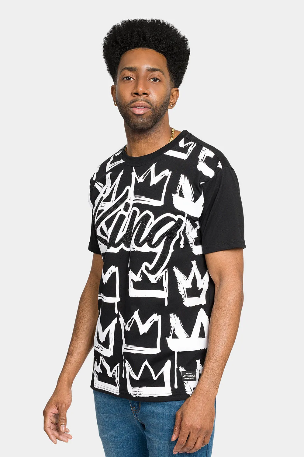 Laser Cut Edges MoistureWicking Rhinestone Studded Crowned King T-Shirt