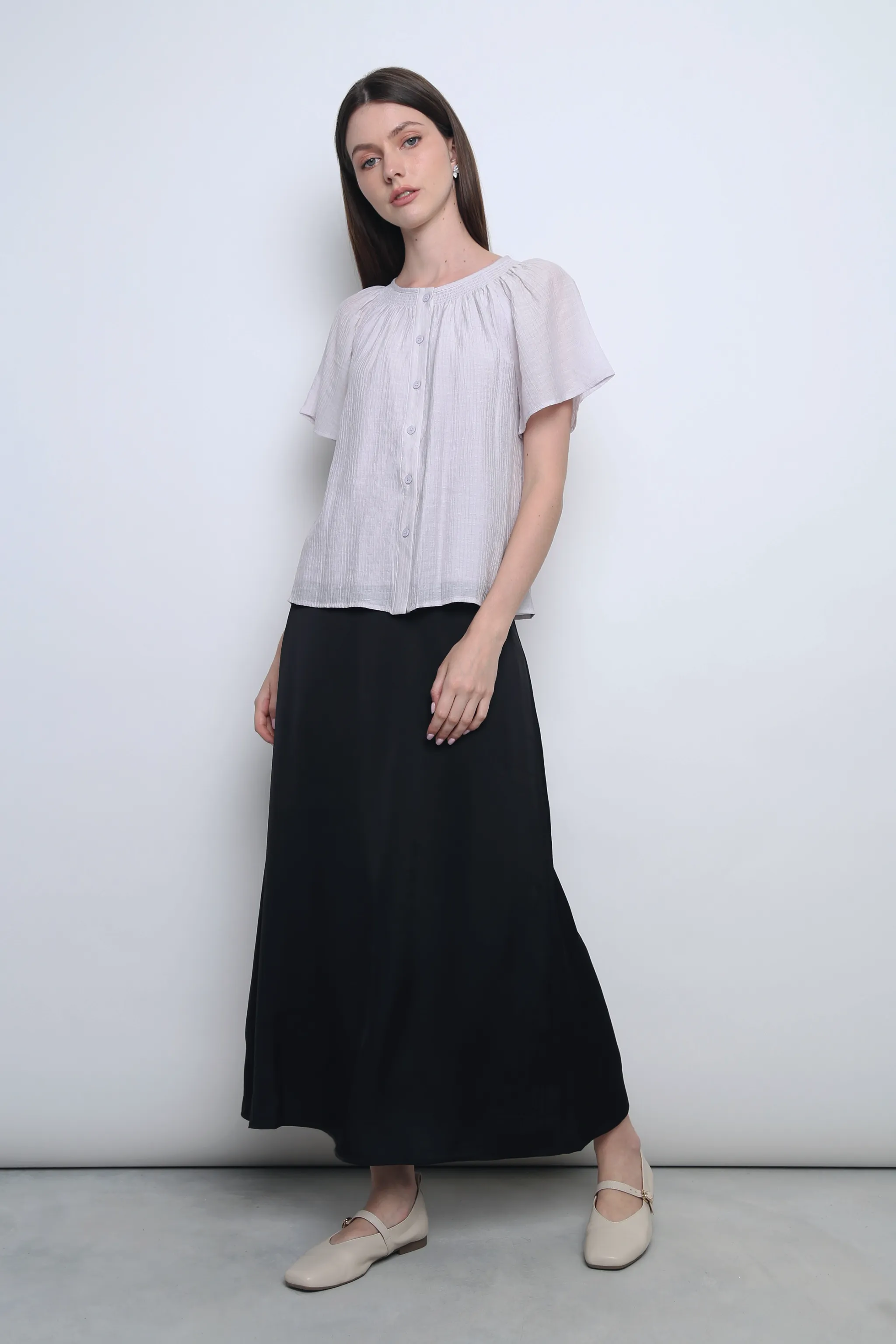 Breezette Smocked Neckline Blouse Smoke Periwinkle Foldable Cuff Design