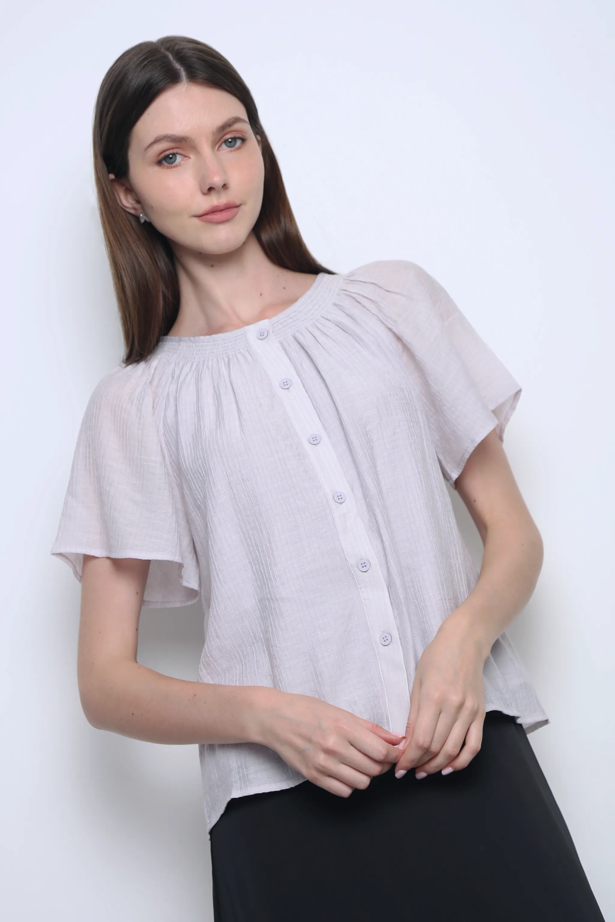 Breezette Smocked Neckline Blouse Smoke Periwinkle Subtle Texture Weave Durable Stitching