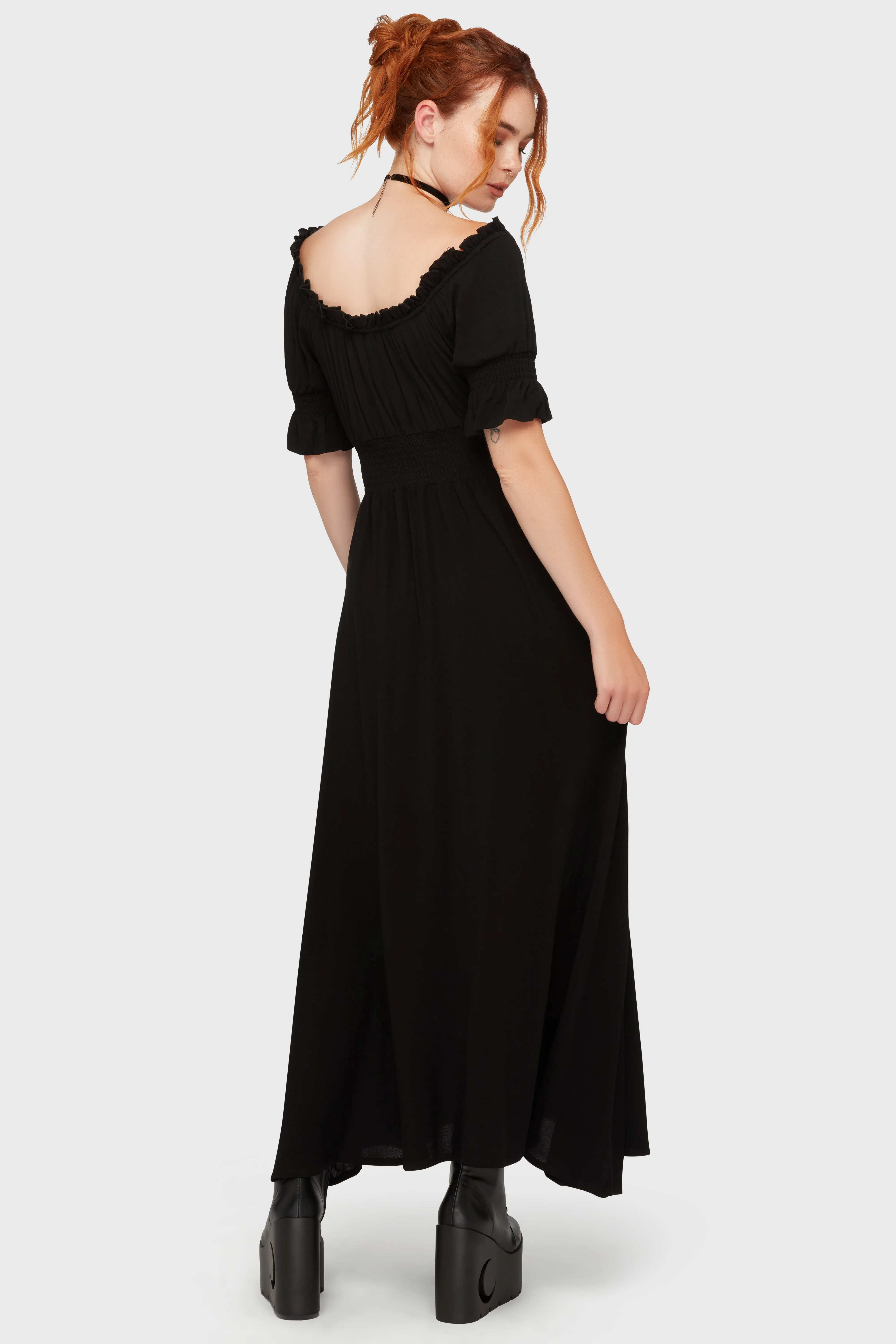 Jocasta Maxi Dress Short Sleeve [BLACK] Chic Waist Design SmoothEdgeFinish