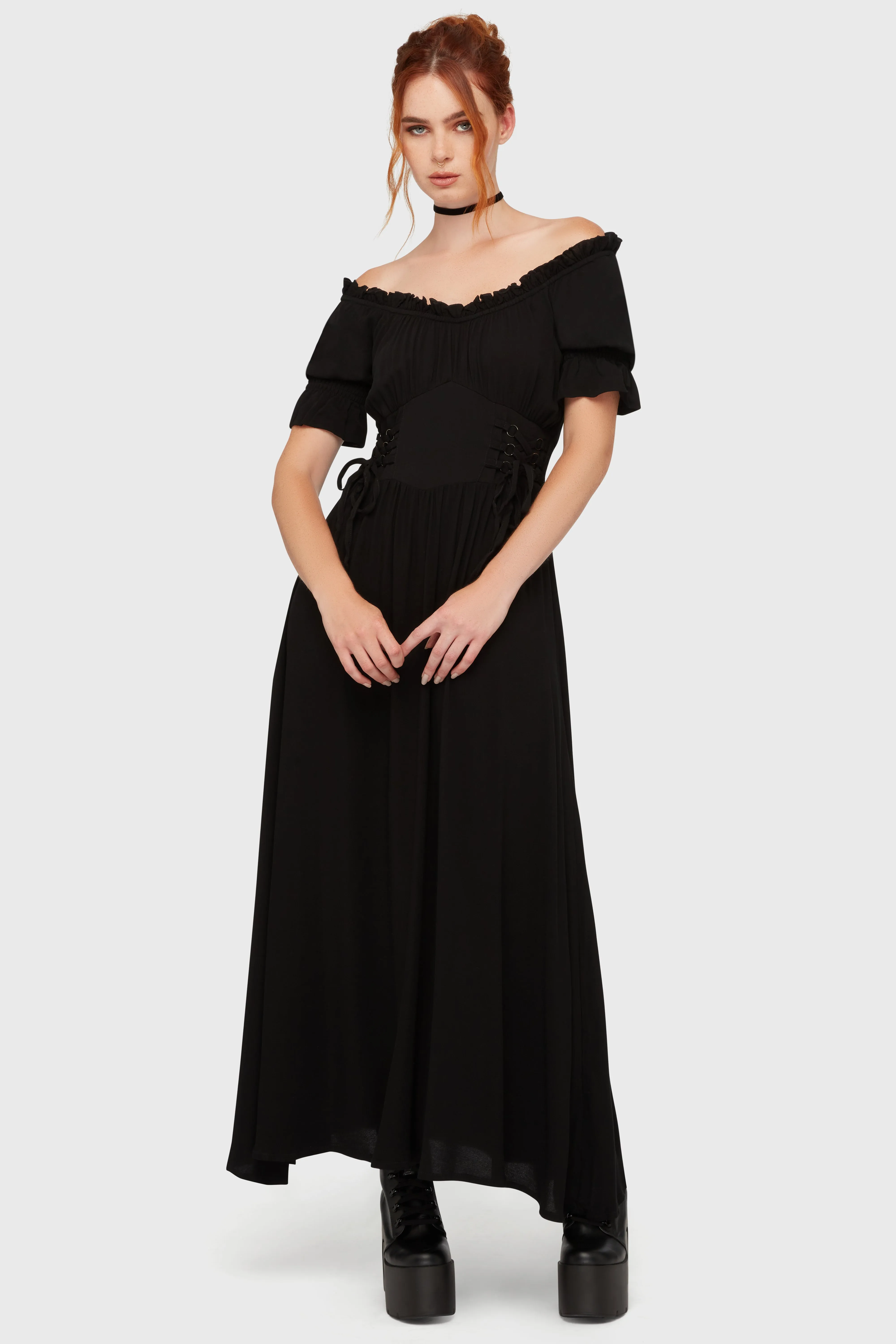 Jocasta Maxi Dress Short Sleeve [BLACK] Button Chic