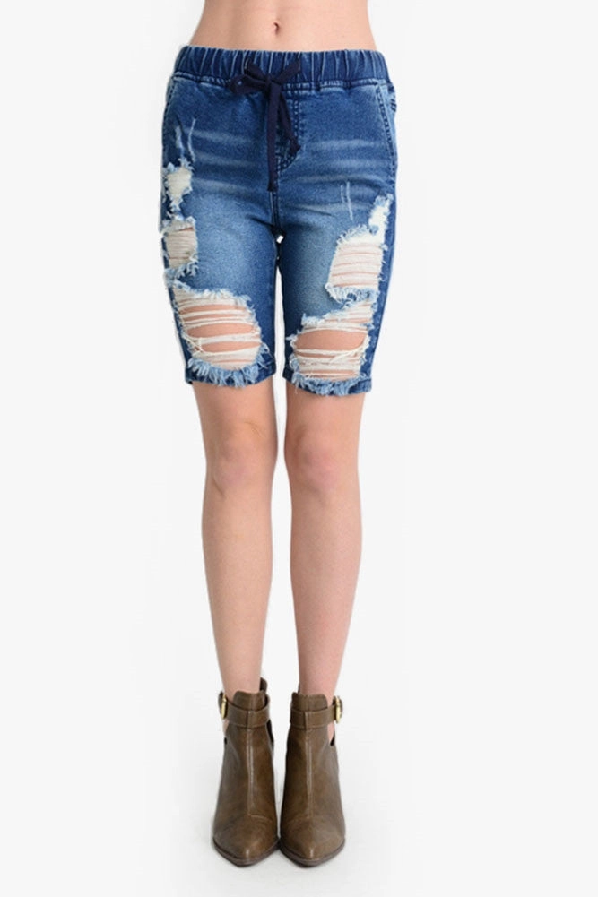 Women's Destroyed Denim Long Shorts Slim Waist Movement Ready