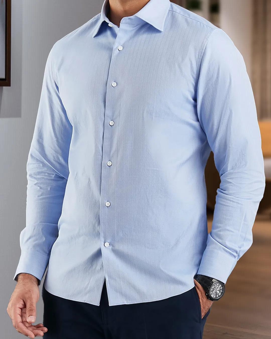 Sky Blue Herringbone Shirt Fitted Silhouette Sports Ready