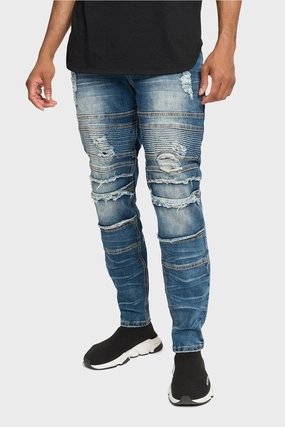 Distressed Stacked Biker Denim Jeans Slim Stretch Fit