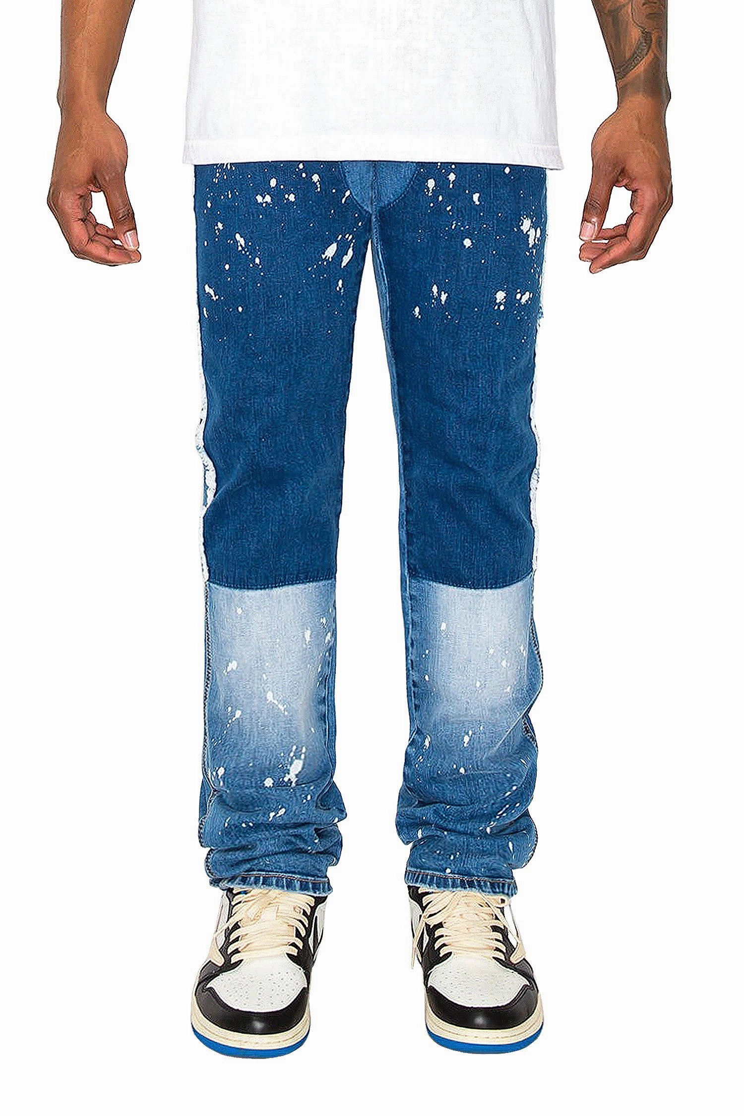 Men's Stacked Fit Repaired Paint Splatter Denim Jeans Recycled Polyester Blend