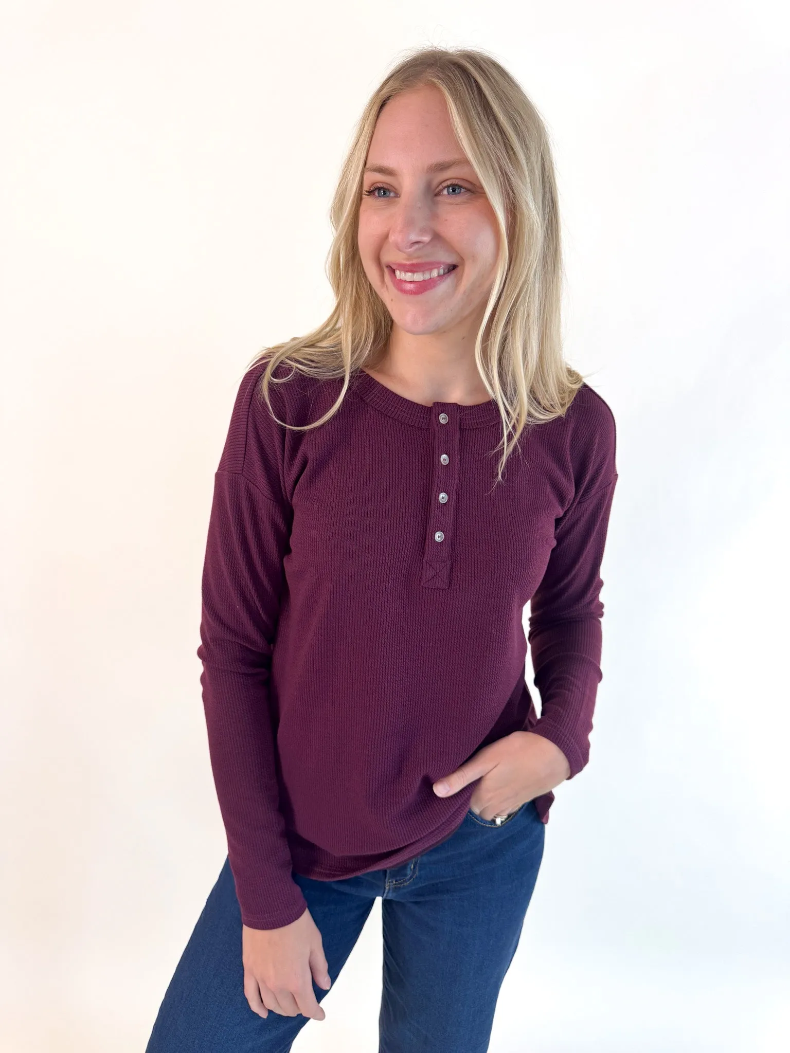 Designer Perfect Plum Button Henley