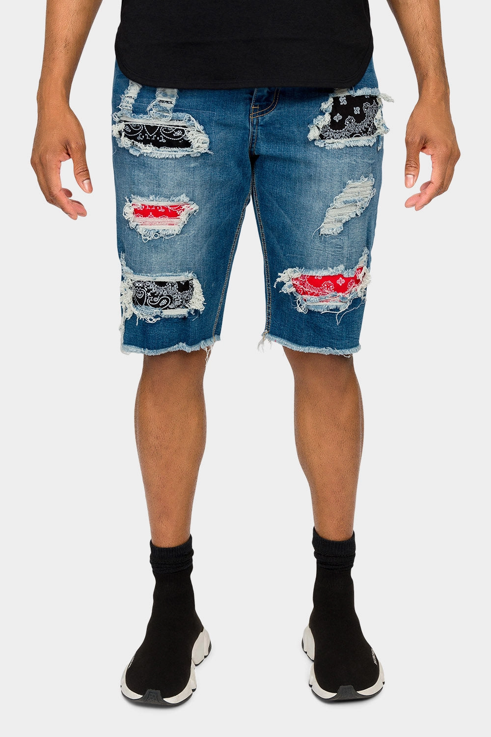 Ripped Bandana Repair Denim Shorts Functional Fashion