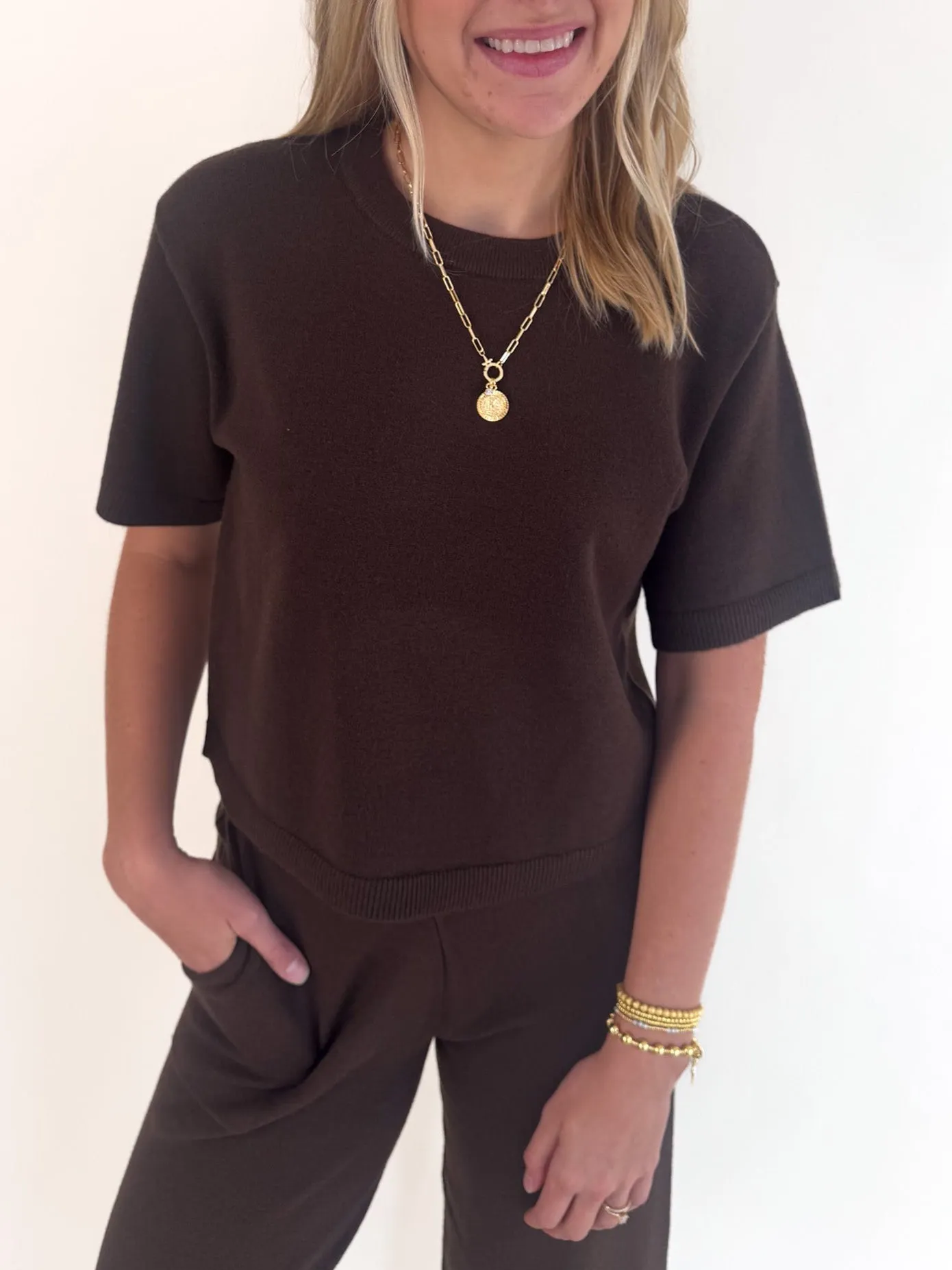 Kori Short Sleeve Knit Sweater Stretchy Waistband