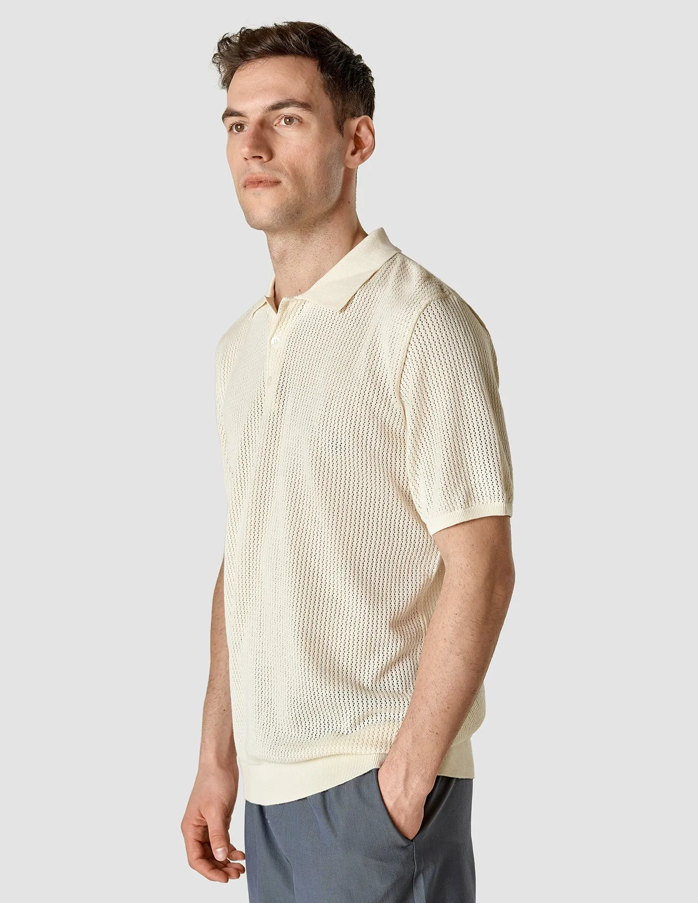 Relaxed Everyday Wear Textured Knitted Short Sleeve Polo Shirt Buttercream