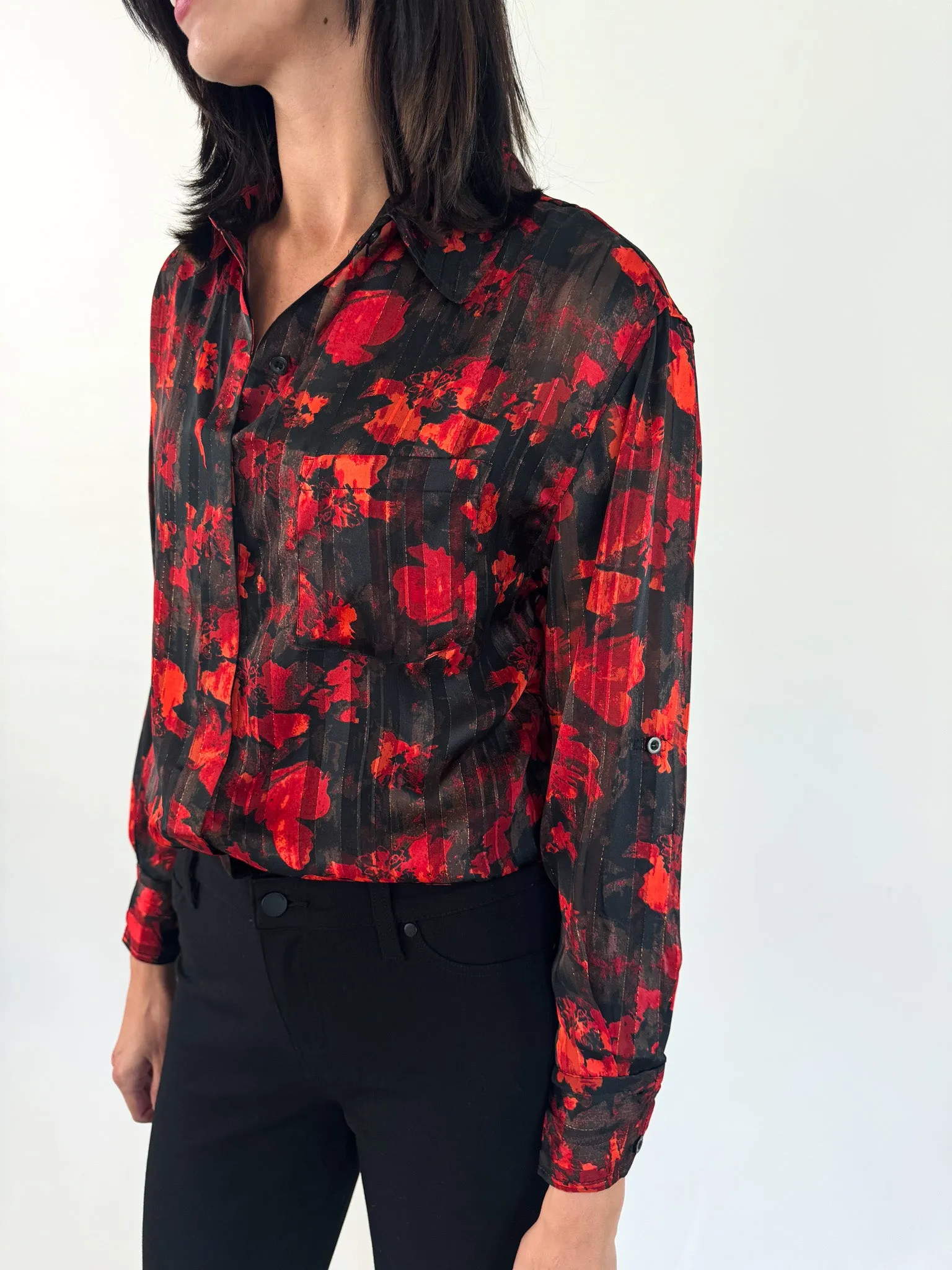 fade resistant color Rory Red Floral Button Up Blouse