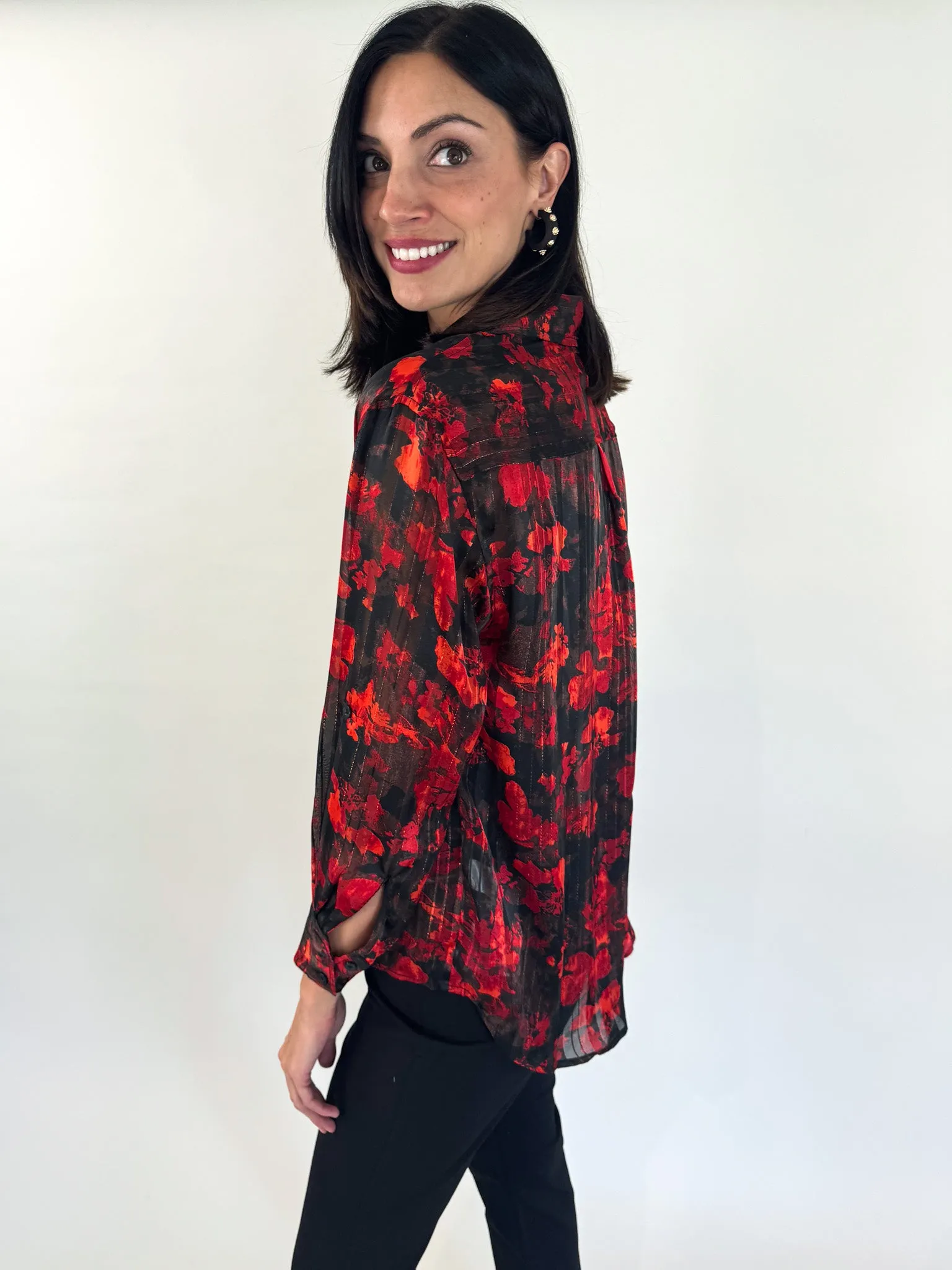 High-Quality Material Smooth Texture Rory Red Floral Button Up Blouse