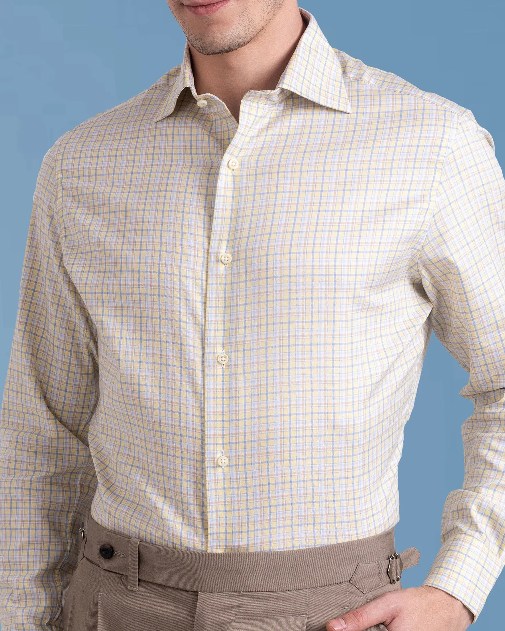 Soft Yellow Blue Tatersall Shirt Checkered Print
