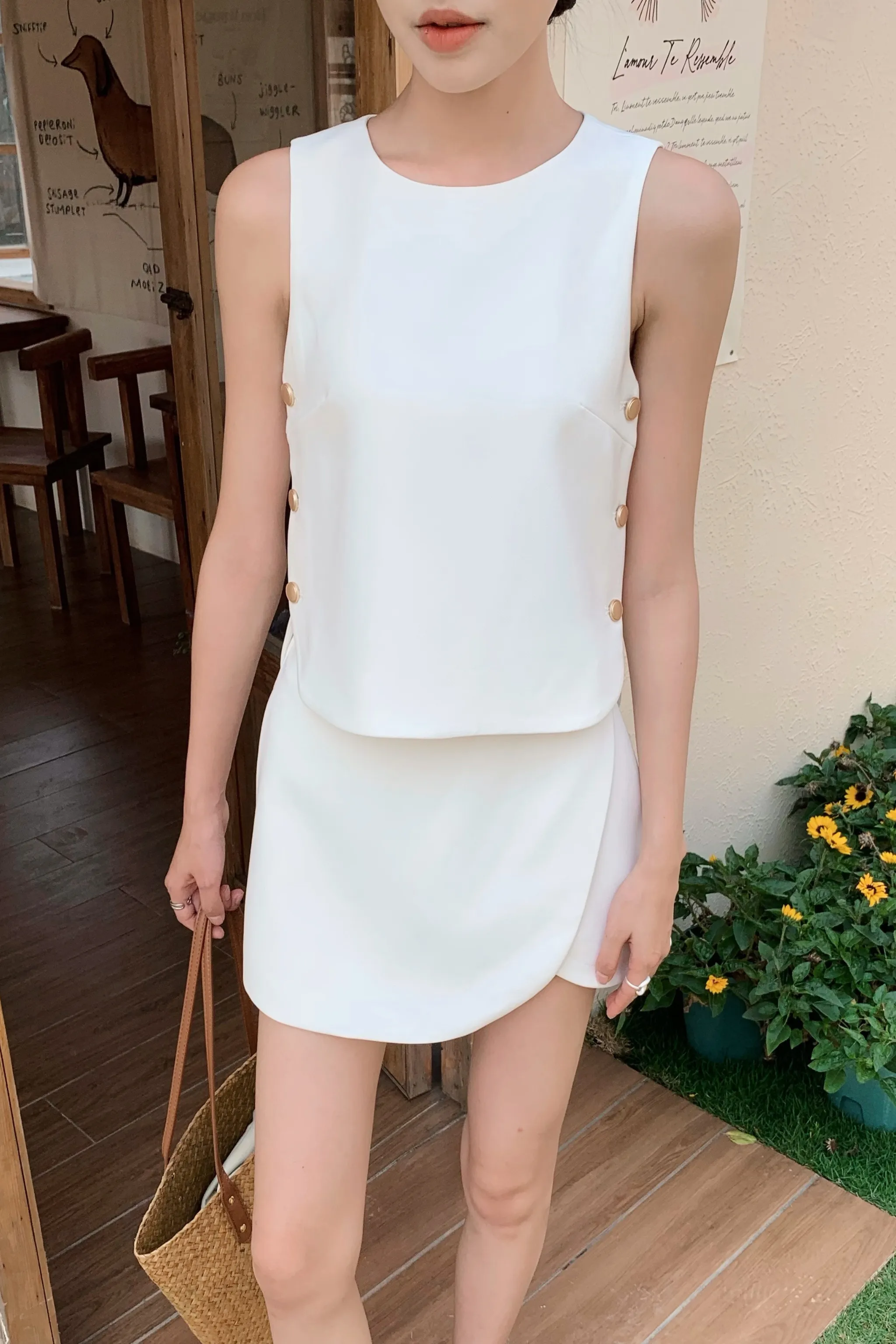 LowMaintenance Fabric Parker Side Button Sleeveless Blouse White