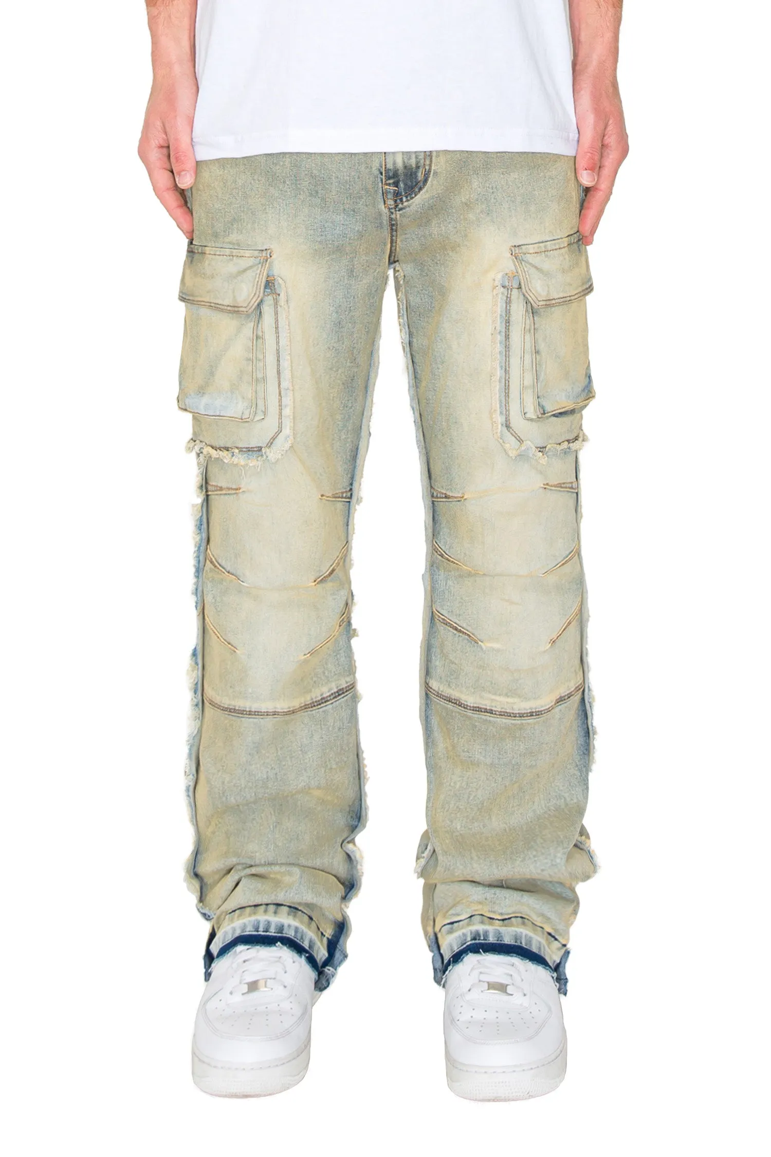 Men's Bootcut Raw Edge Double Cargo Denim Jeans Cozy Comfort