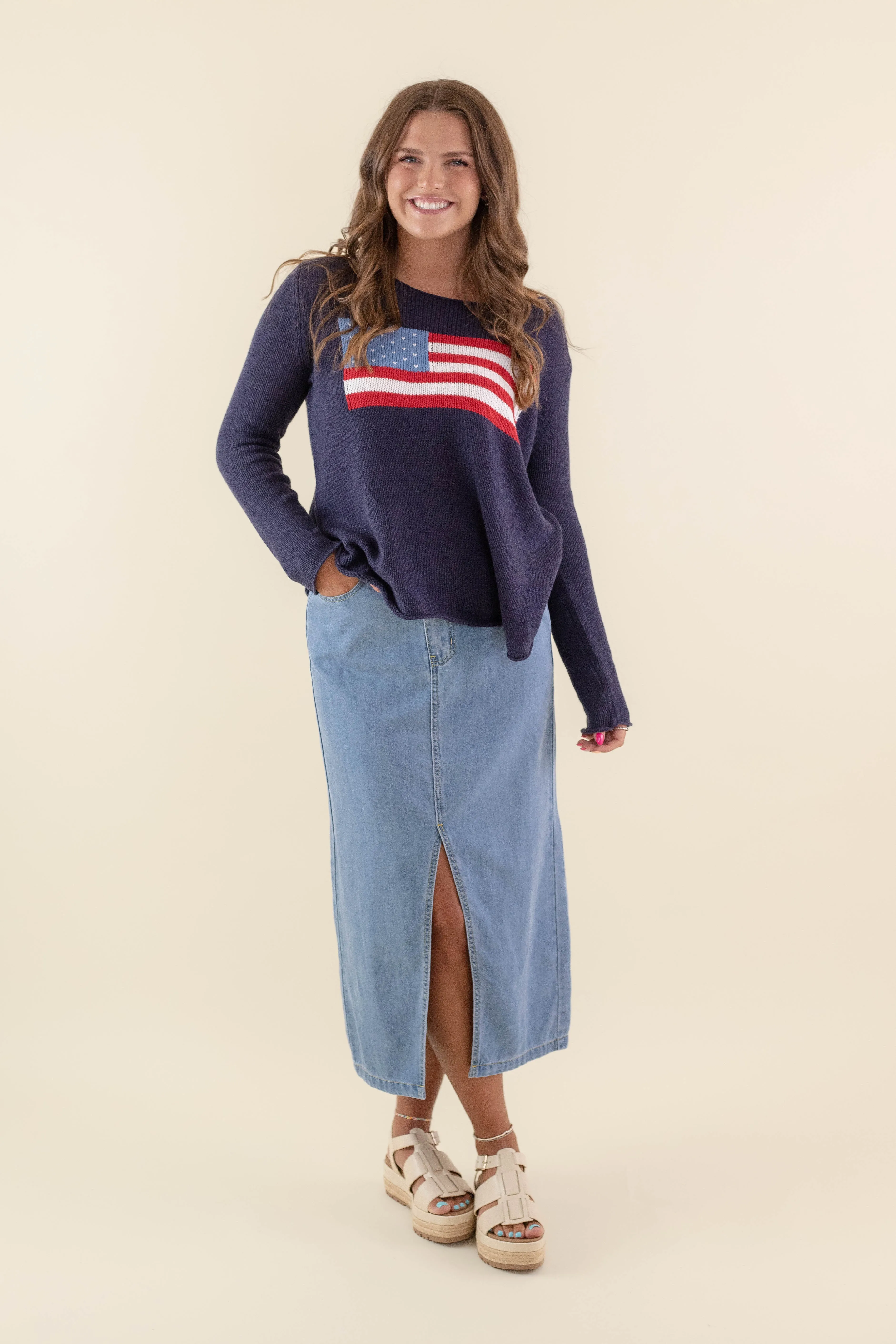 Elastic design Cozy Fitting RESTOCK: Feeling Patriotic Sweater-Navy