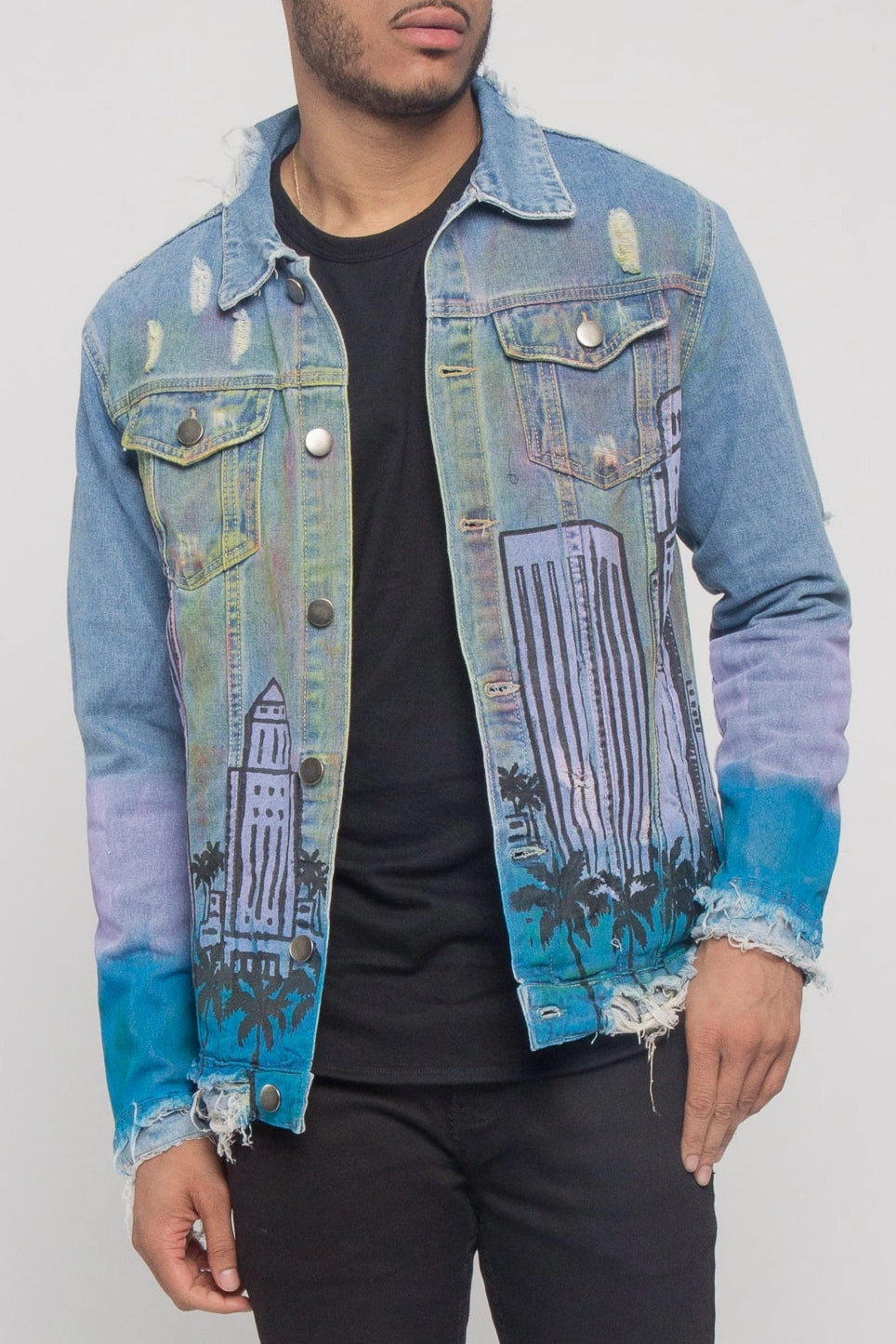 Distressed Airbrushed City Denim Jacket FullCoverageHood