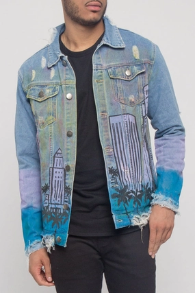 Distressed Airbrushed City Denim Jacket Recycled Polyester Bonded Collars