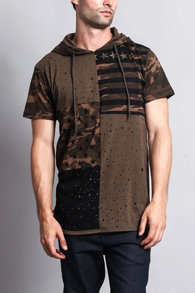 Soft Cotton Blend Star Print Block Camo Splatter Hooded T-Shirt