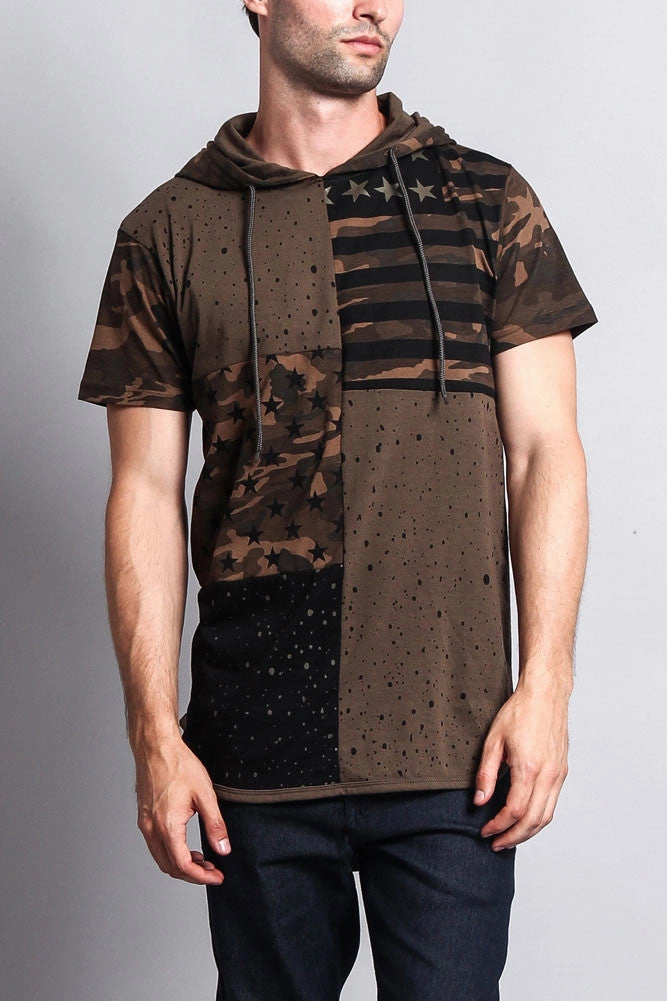 Soft Cotton Blend Star Print Block Camo Splatter Hooded T-Shirt